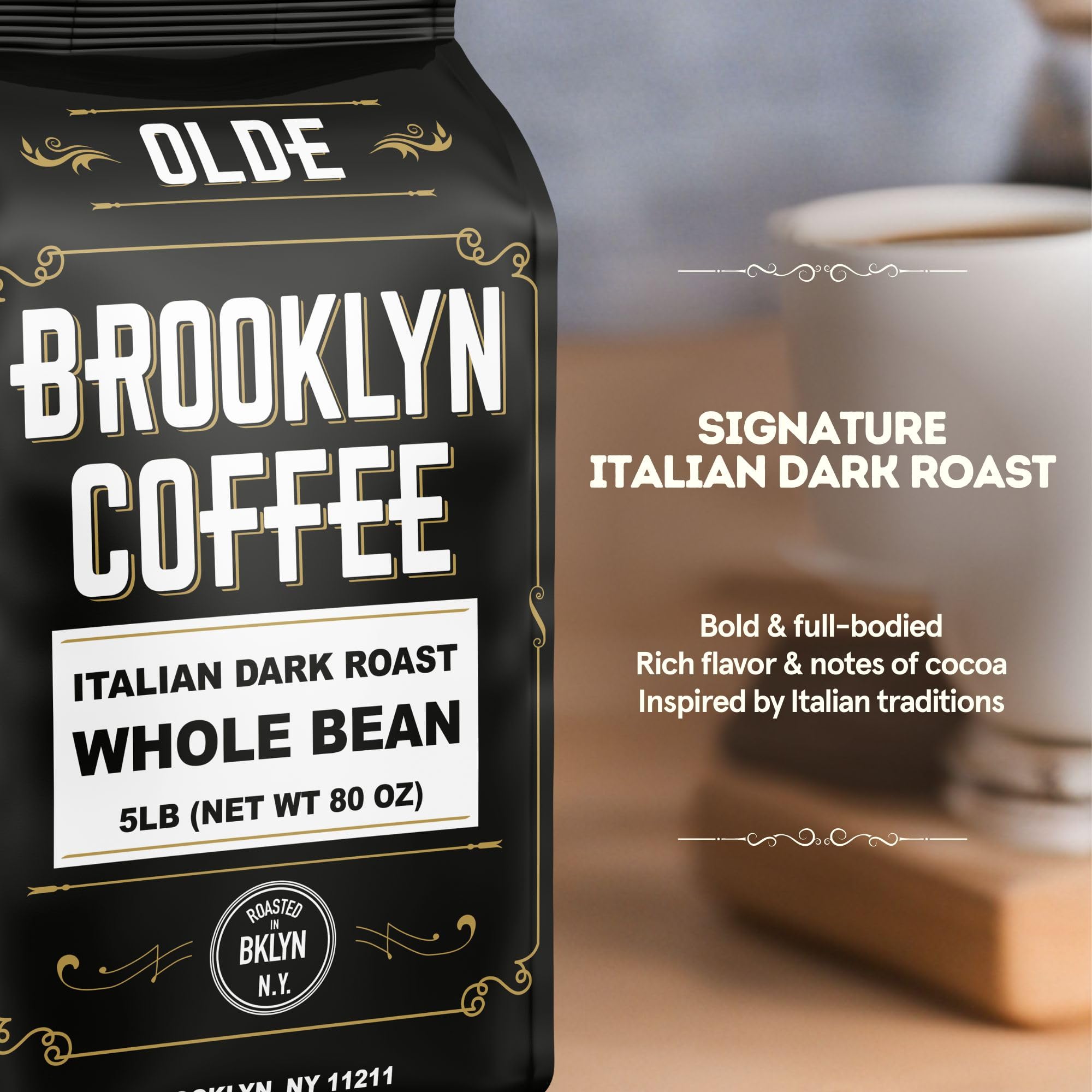 OLDE BROOKLYN COFFEE granos enteros resaltando aroma intenso y calidad