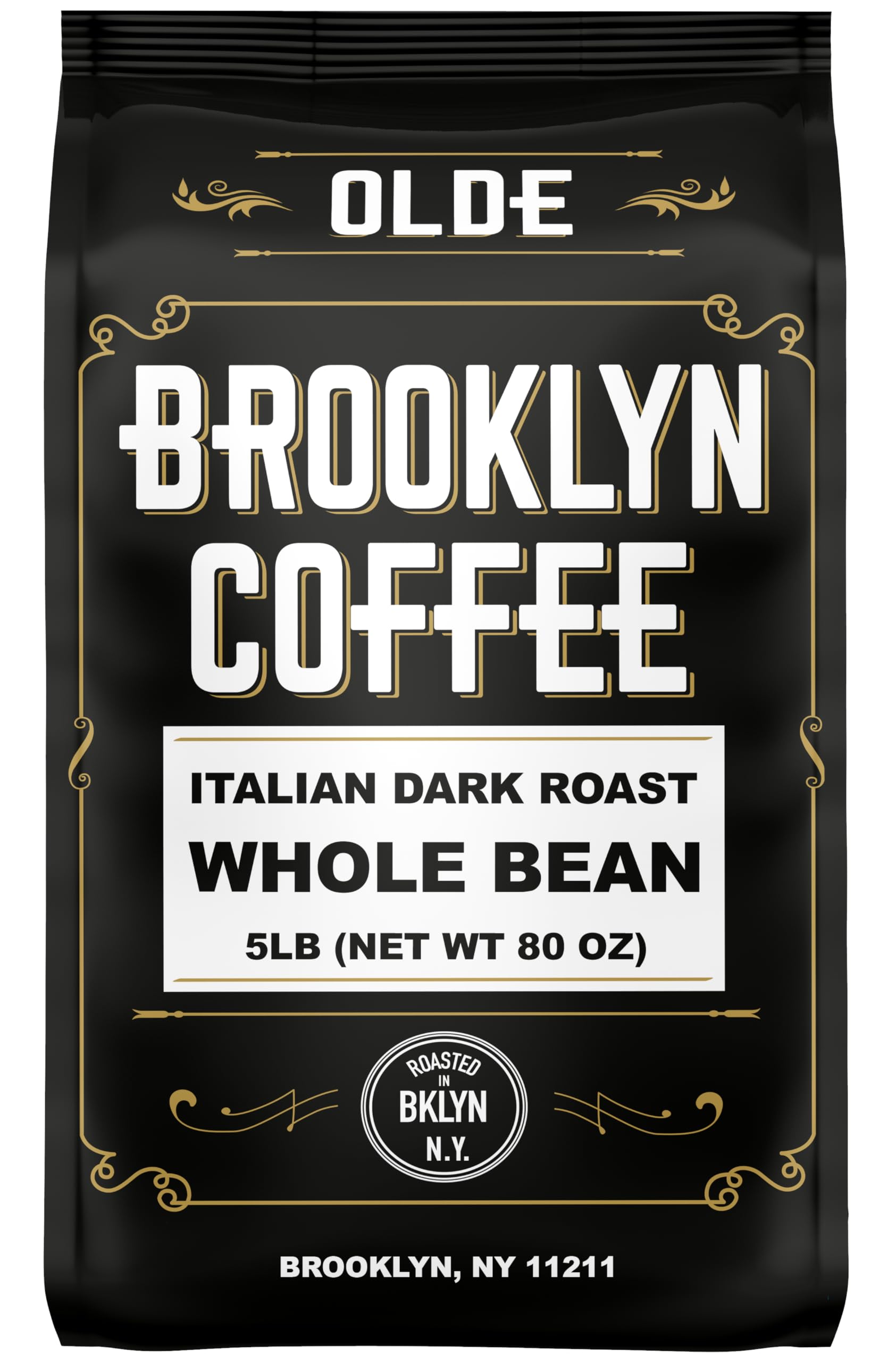 OLDE BROOKLYN COFFEE paquete frente mostrando etiqueta y sello de frescura