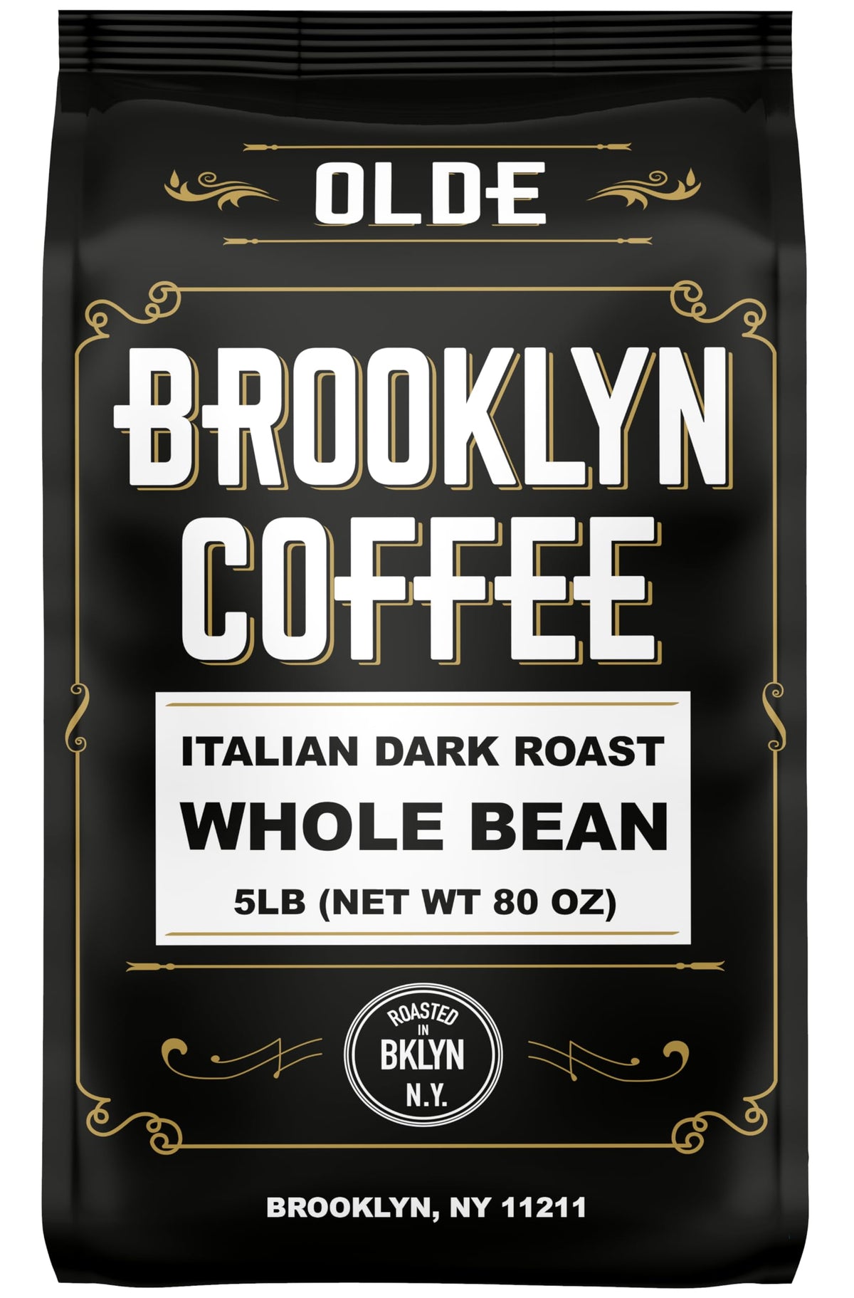 OLDE BROOKLYN COFFEE paquete frente mostrando etiqueta y sello de frescura