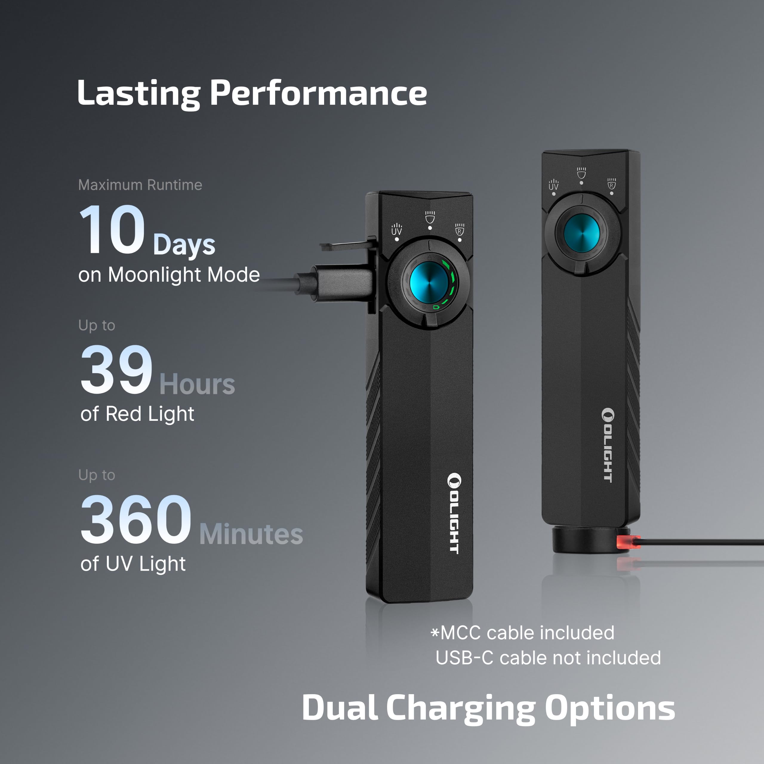 OLIGHT ArkPro Lite charging view with USB‑C and magnetic cable for fast recharging