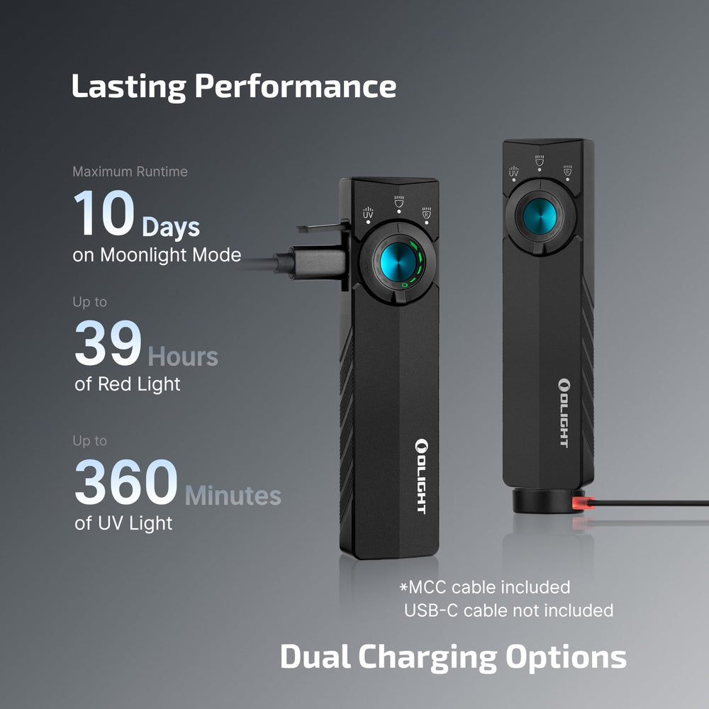OLIGHT ArkPro Lite charging view with USB‑C and magnetic cable for fast recharging