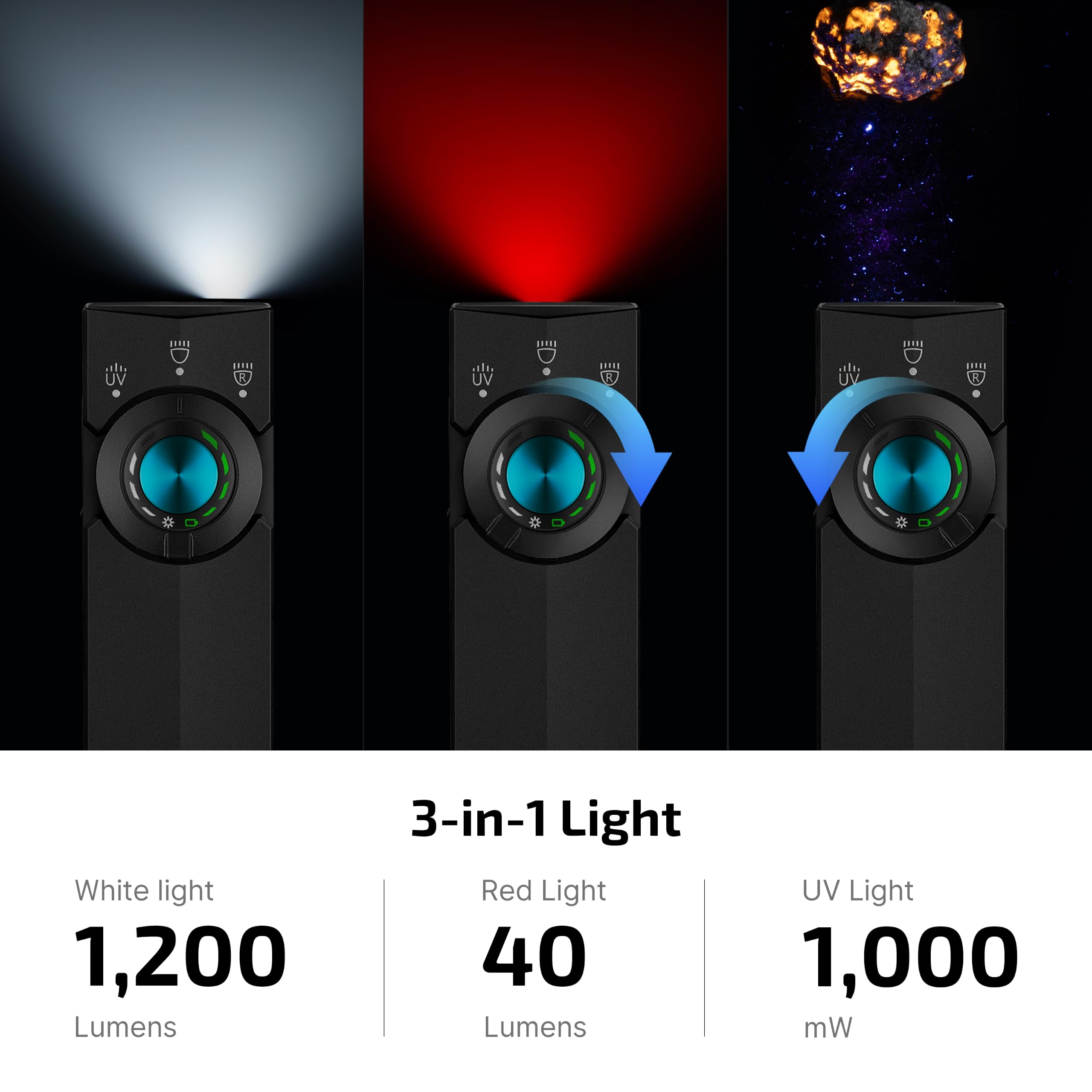 OLIGHT ArkPro Lite UV beam revealing hidden stains on fabric, aiding quick inspections