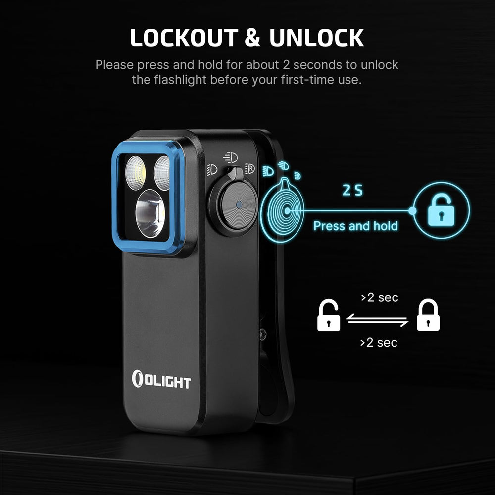 OLIGHT Oclip Pro adherida magnéticamente al capó de un coche para trabajo manos libres