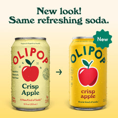 OLIPOP crisp apple can close-up showing label and limited-edition artwork, clear branding