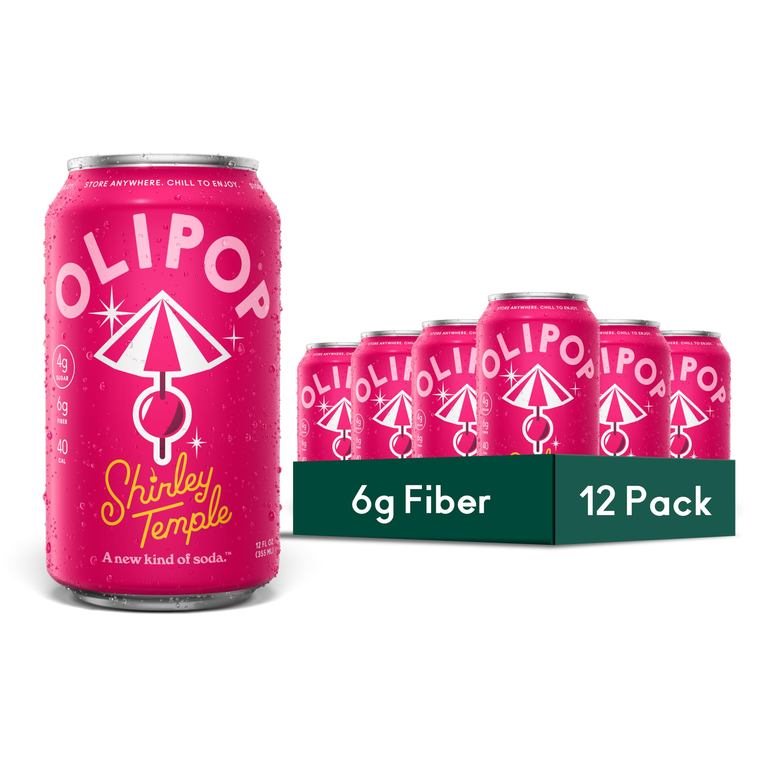 OLIPOP lata frontal con etiqueta Shirley Temple mostrando beneficios de fibra