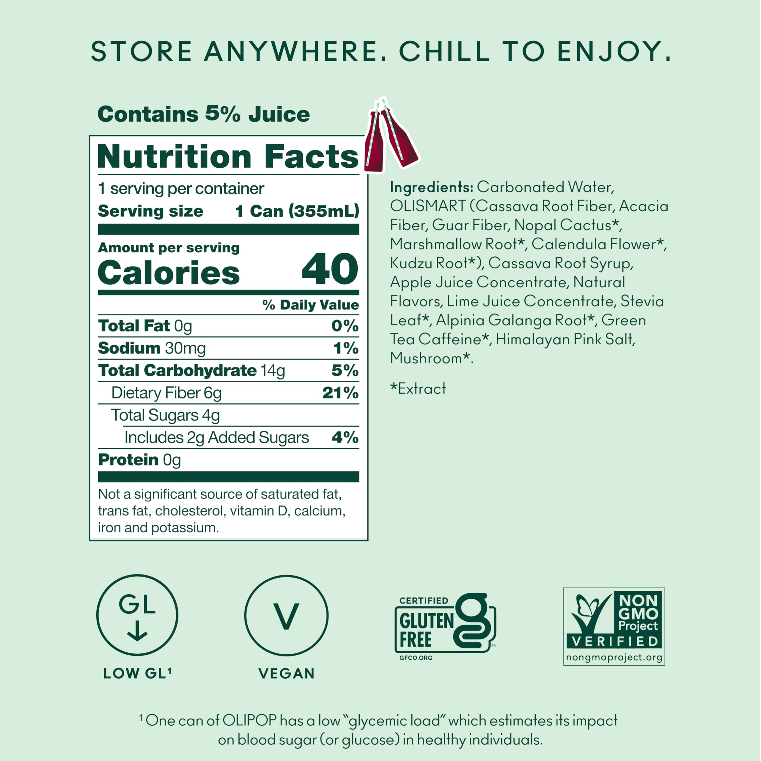 OLIPOP lata en mano para comparar escala y tamaño práctico de 12 fl oz