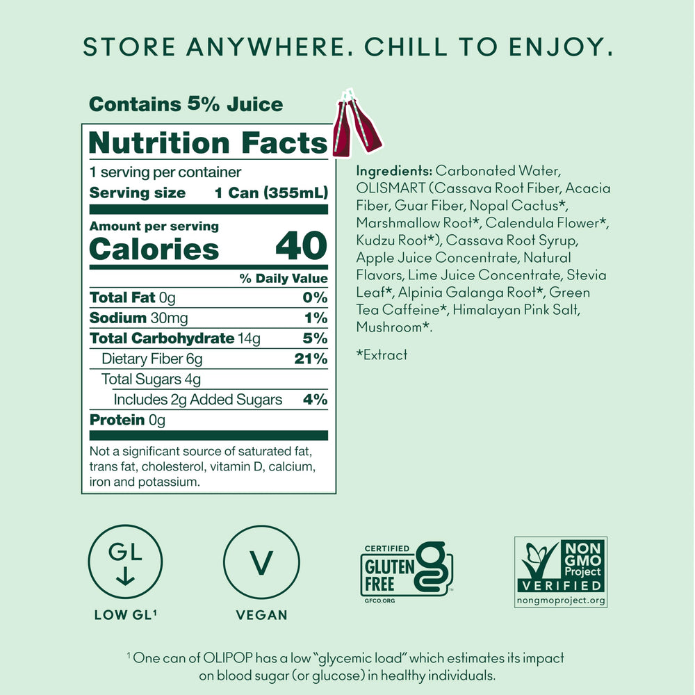 OLIPOP lata en mano para comparar escala y tamaño práctico de 12 fl oz