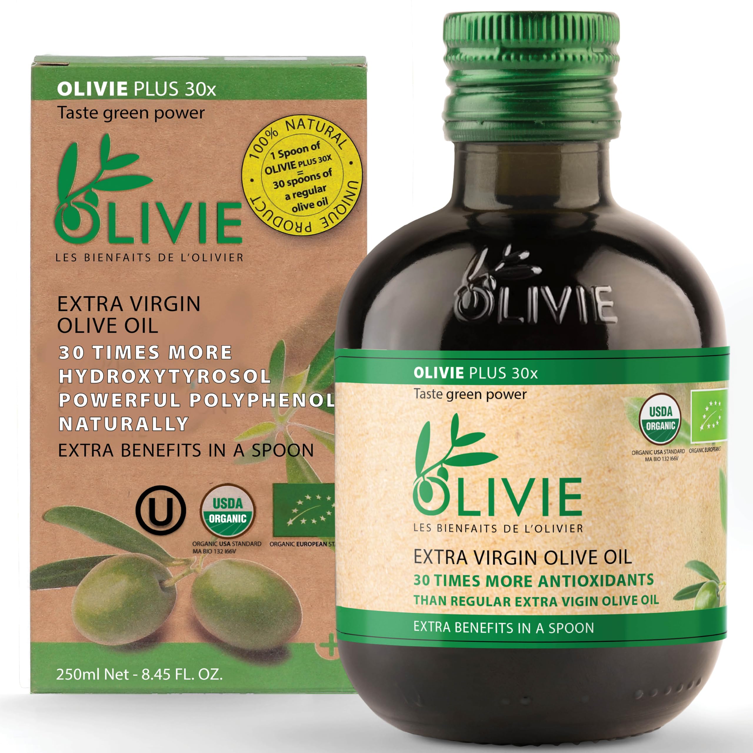 OLIVIE LES BIENFAITS DE L'OLIVIER frente de la botella mostrando marca y tamaño 250 ml