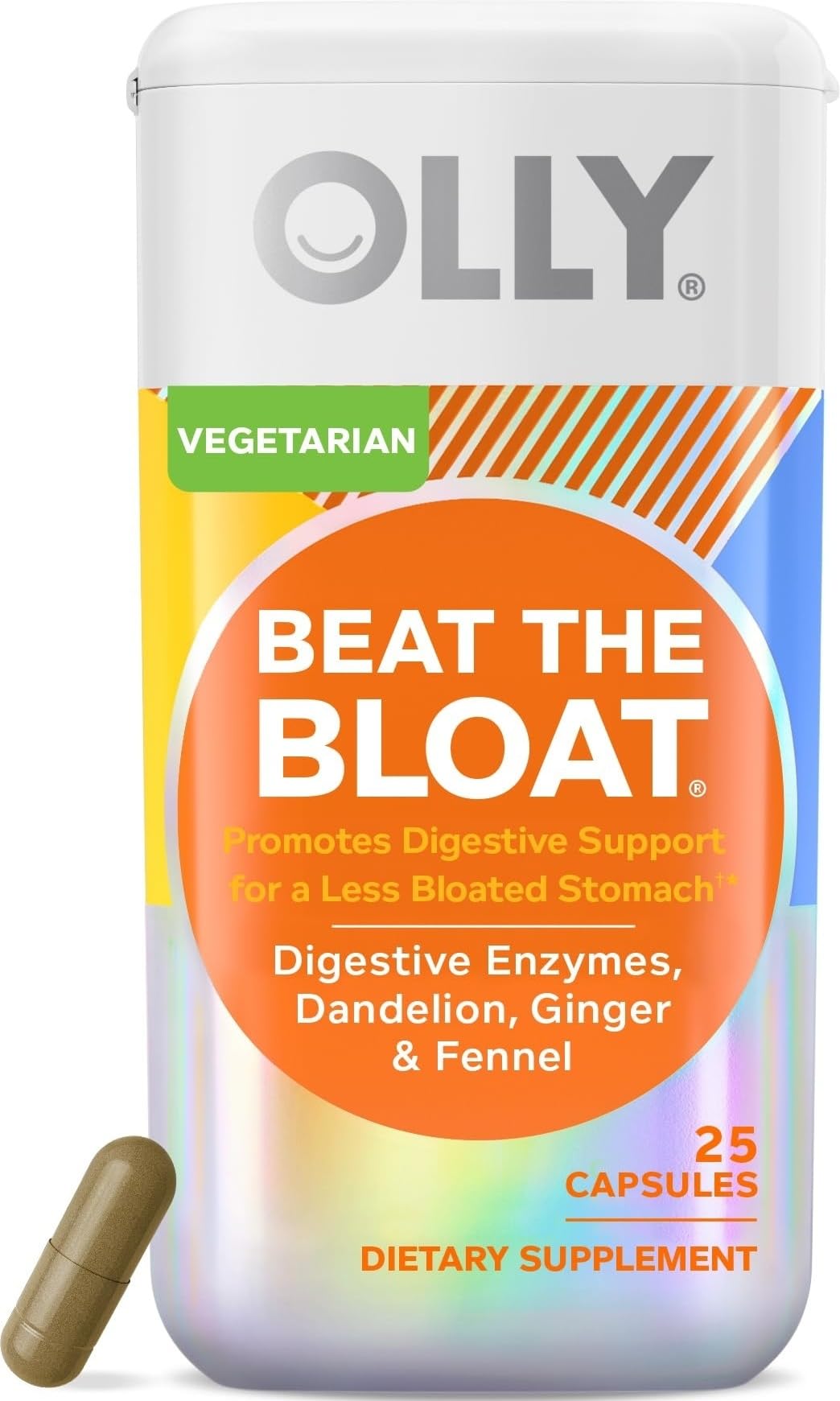 OLLY frasco frontal mostrando Beat The Bloat para comodidad digestiva