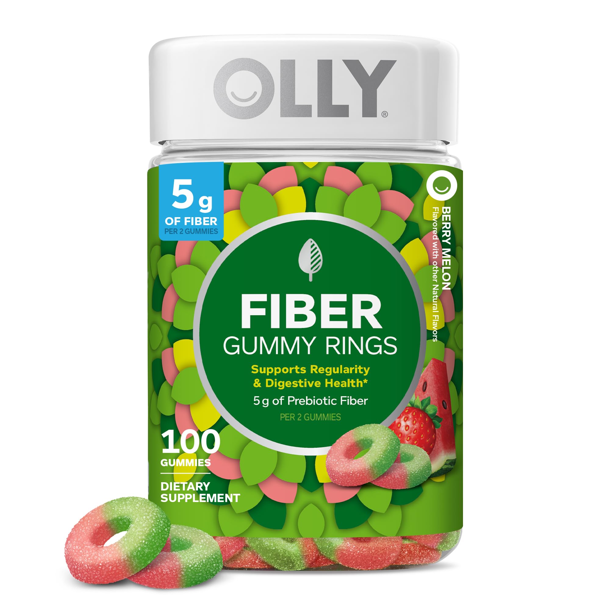 OLLY frasco frontall mostrando 100 gomitas y beneficio dosis clara