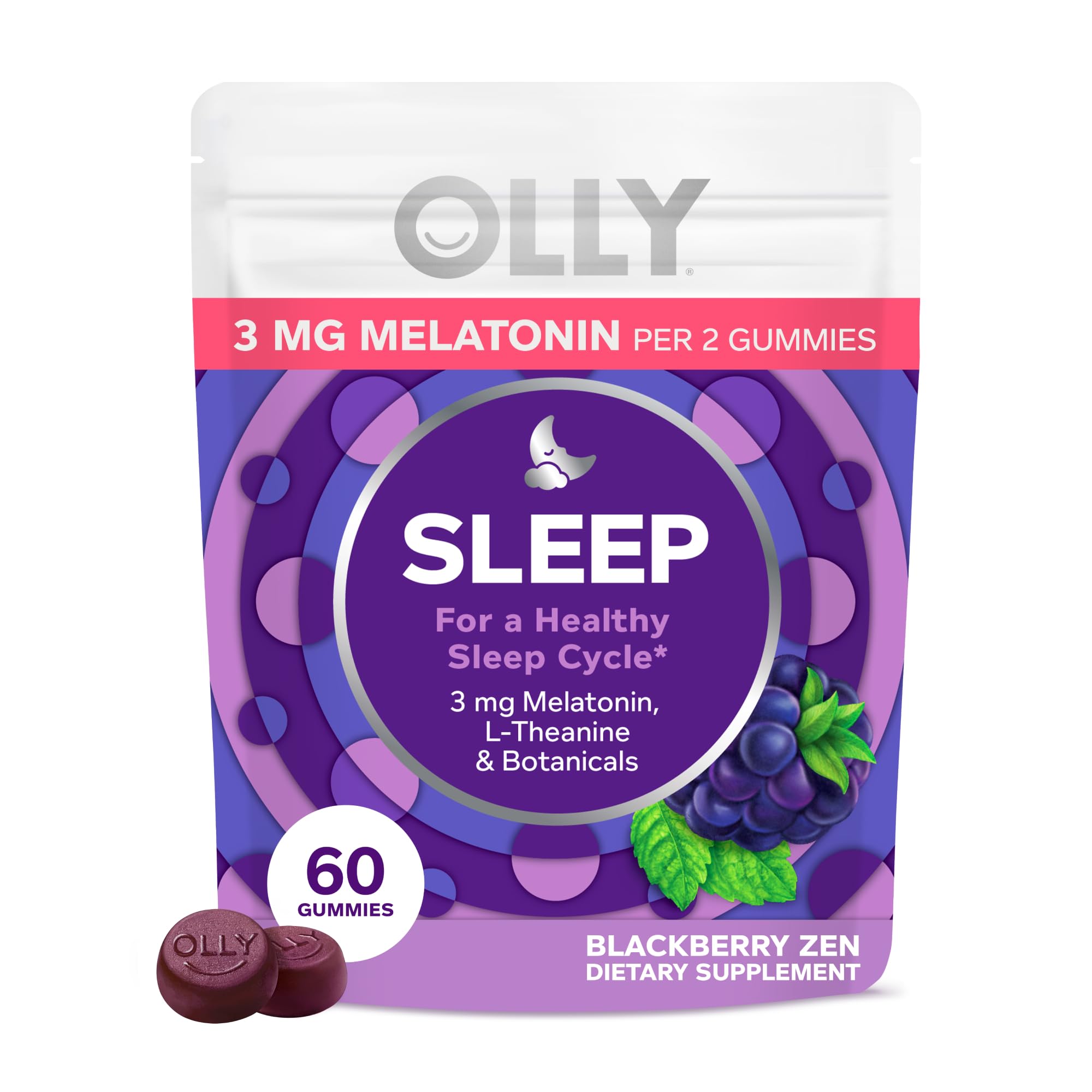 OLLY frasco frontal de Sleep con 60 gomitas, presentación clara y cómoda