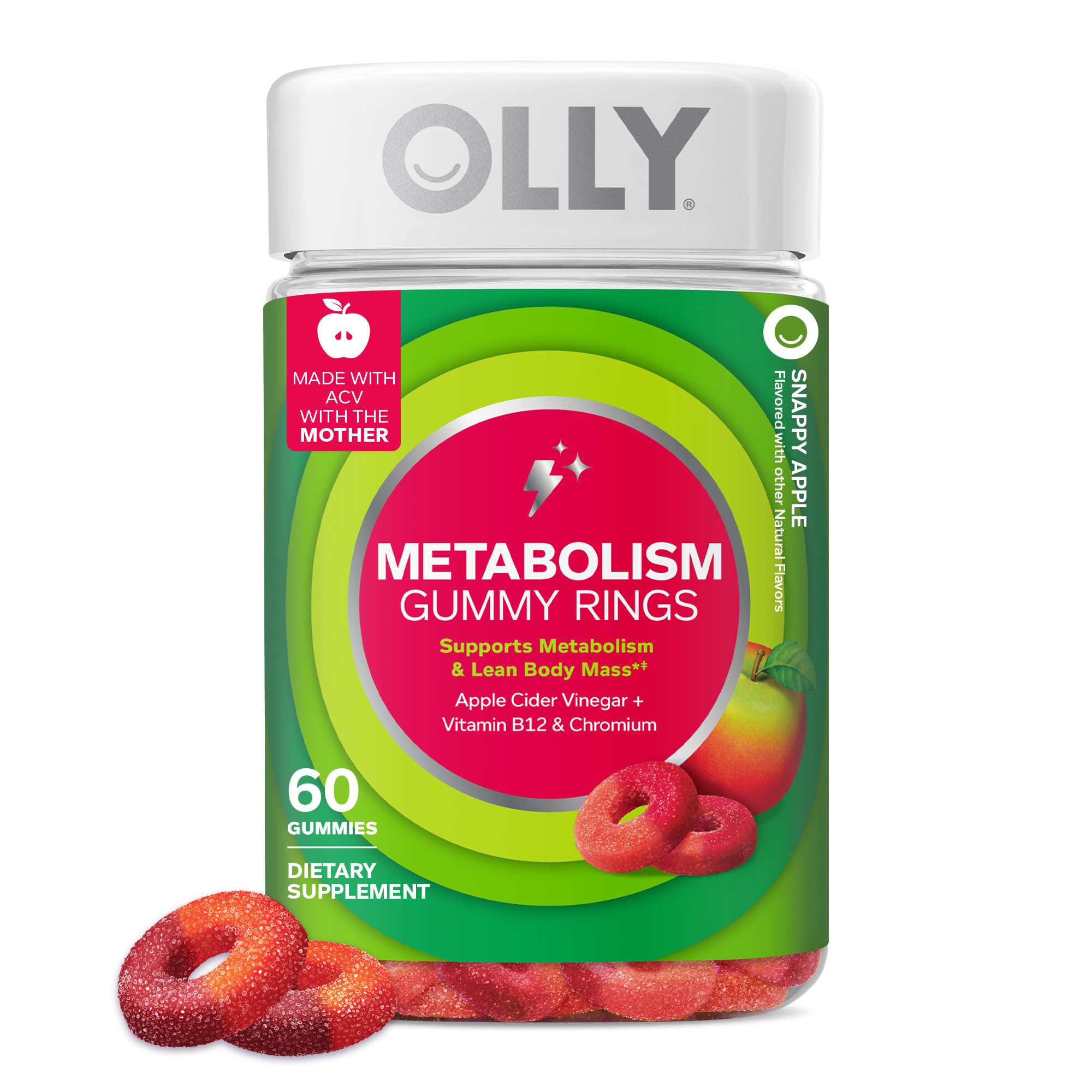 OLLY frasco frontal Metabolism Gummy Rings mostrando diseño y beneficios