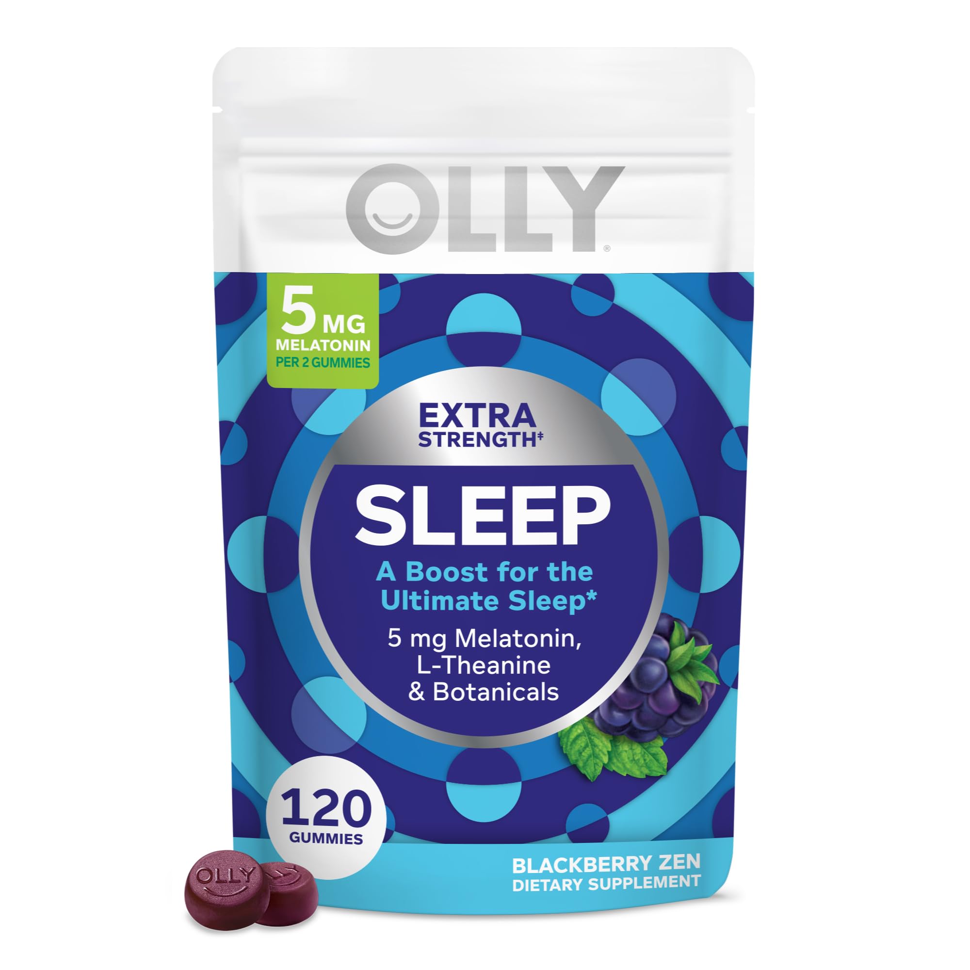 OLLY frente del empaque mostrando 120 gomitas y beneficios para el sueño