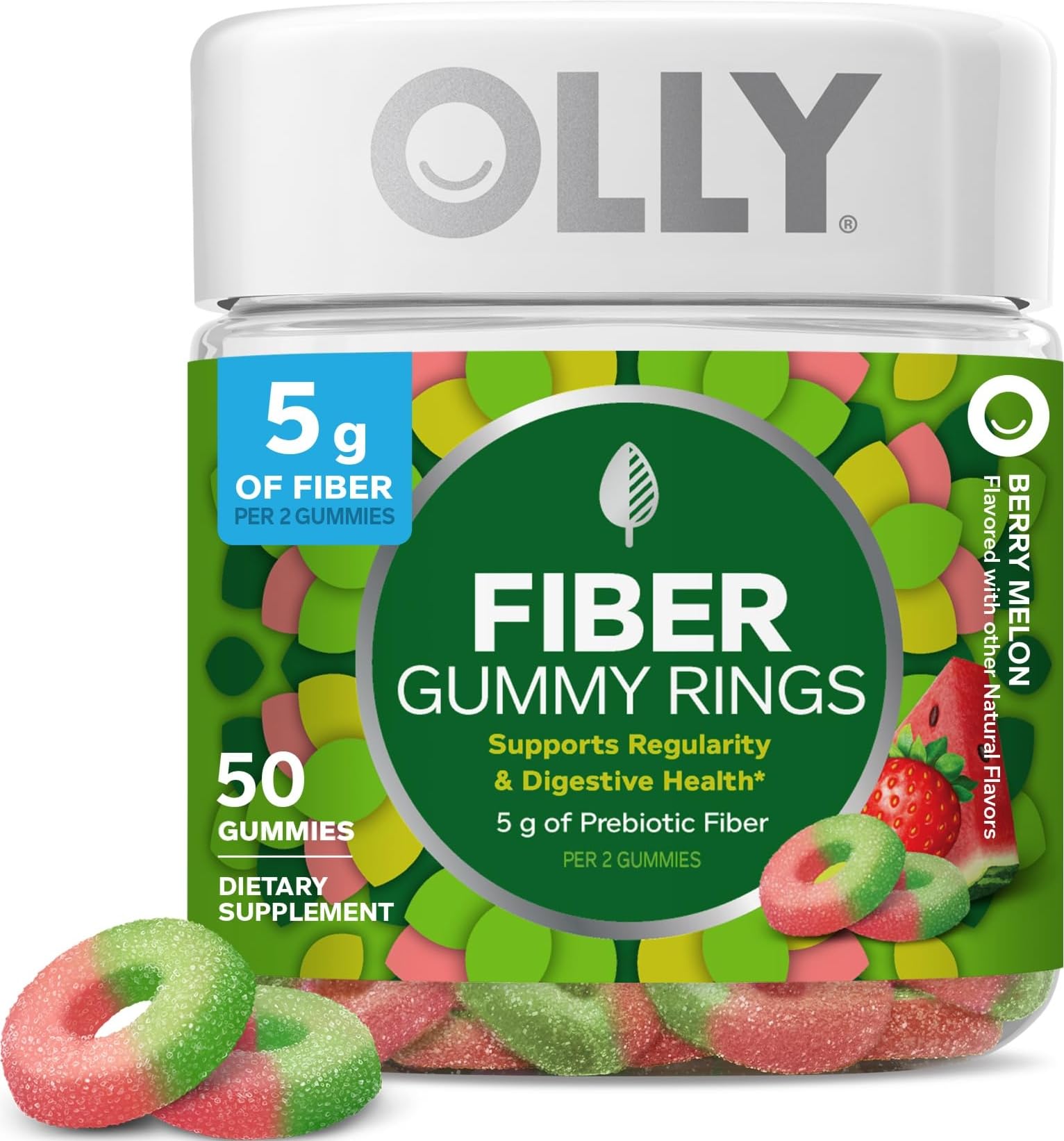 OLLY envase frontal Berry Melon que destaca fibra prebiótica