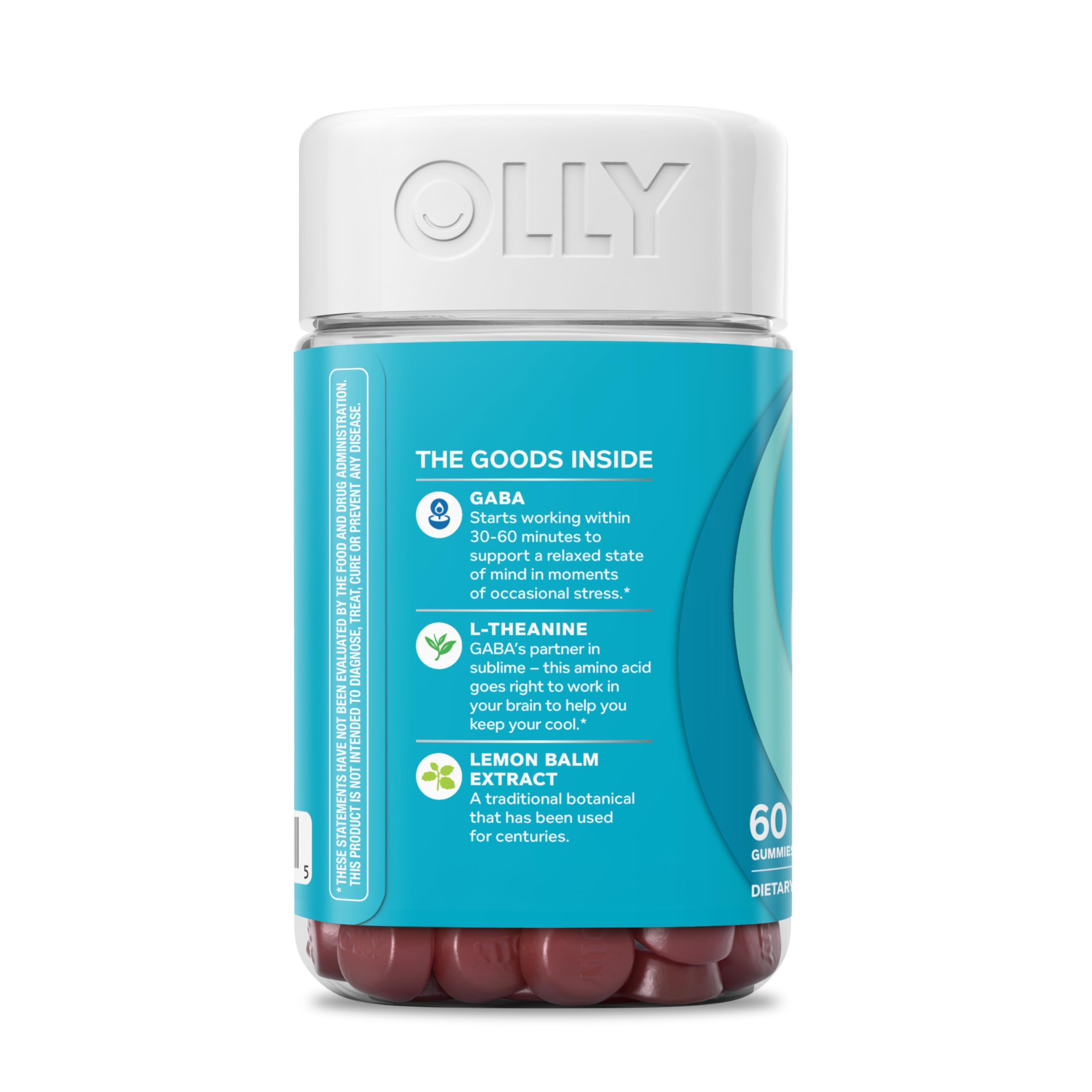 OLLY etiqueta nutricional del frasco con información de dosis y advertencias