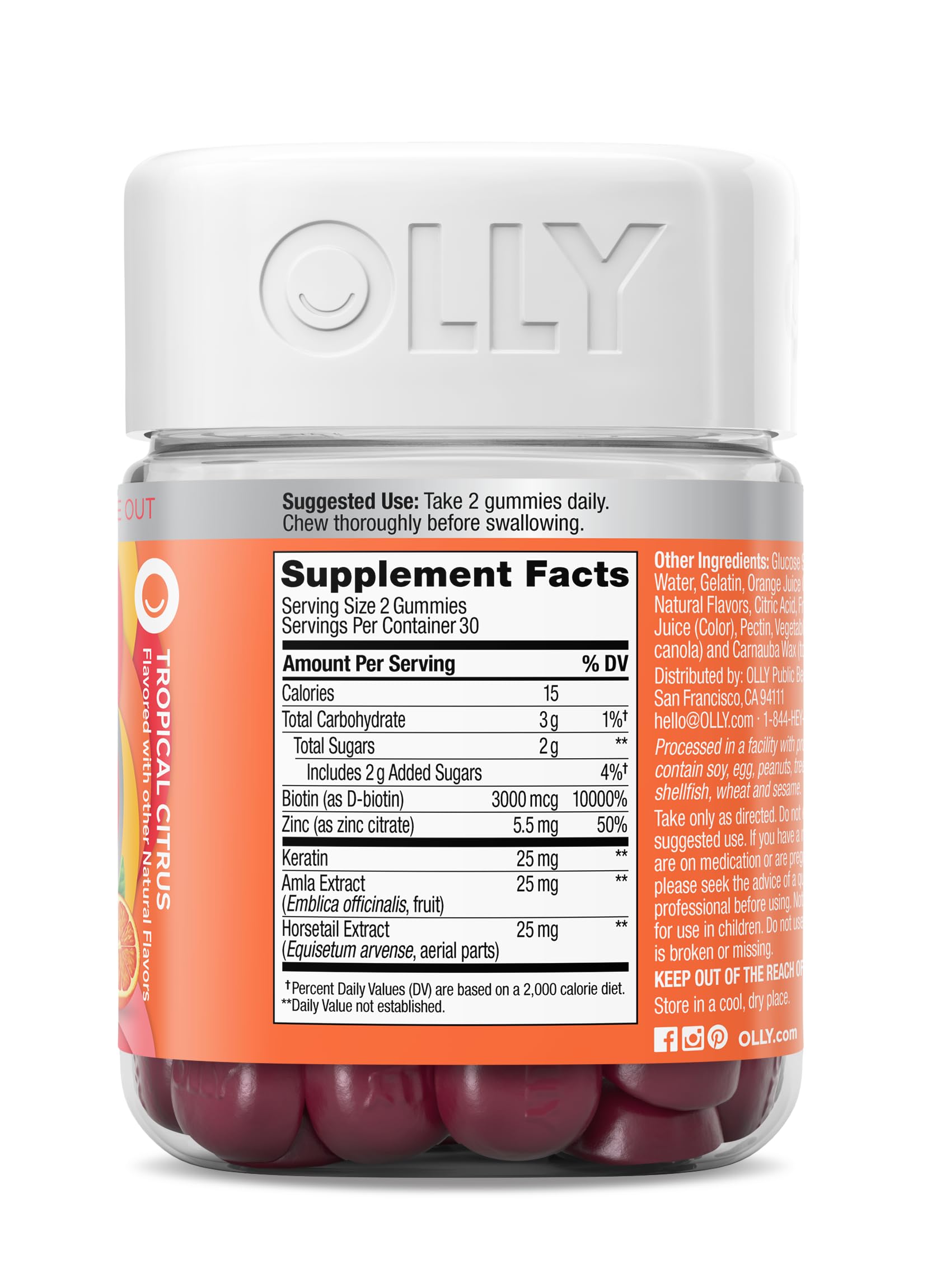 OLLY presentación que destaca sabor cítrico tropical sin artificios