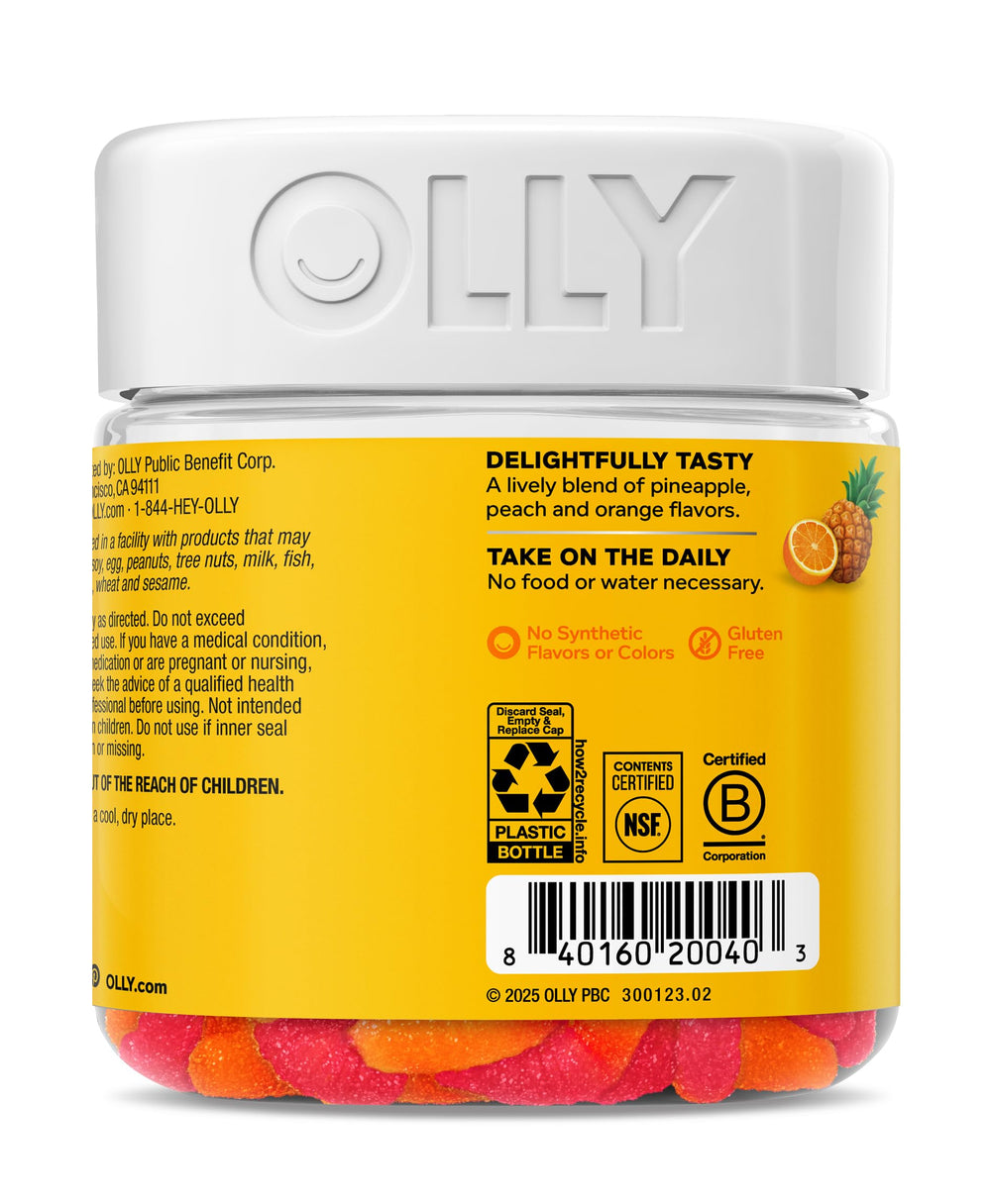 OLLY vista superior de la bolsa abierta con gomitas listas para tomar