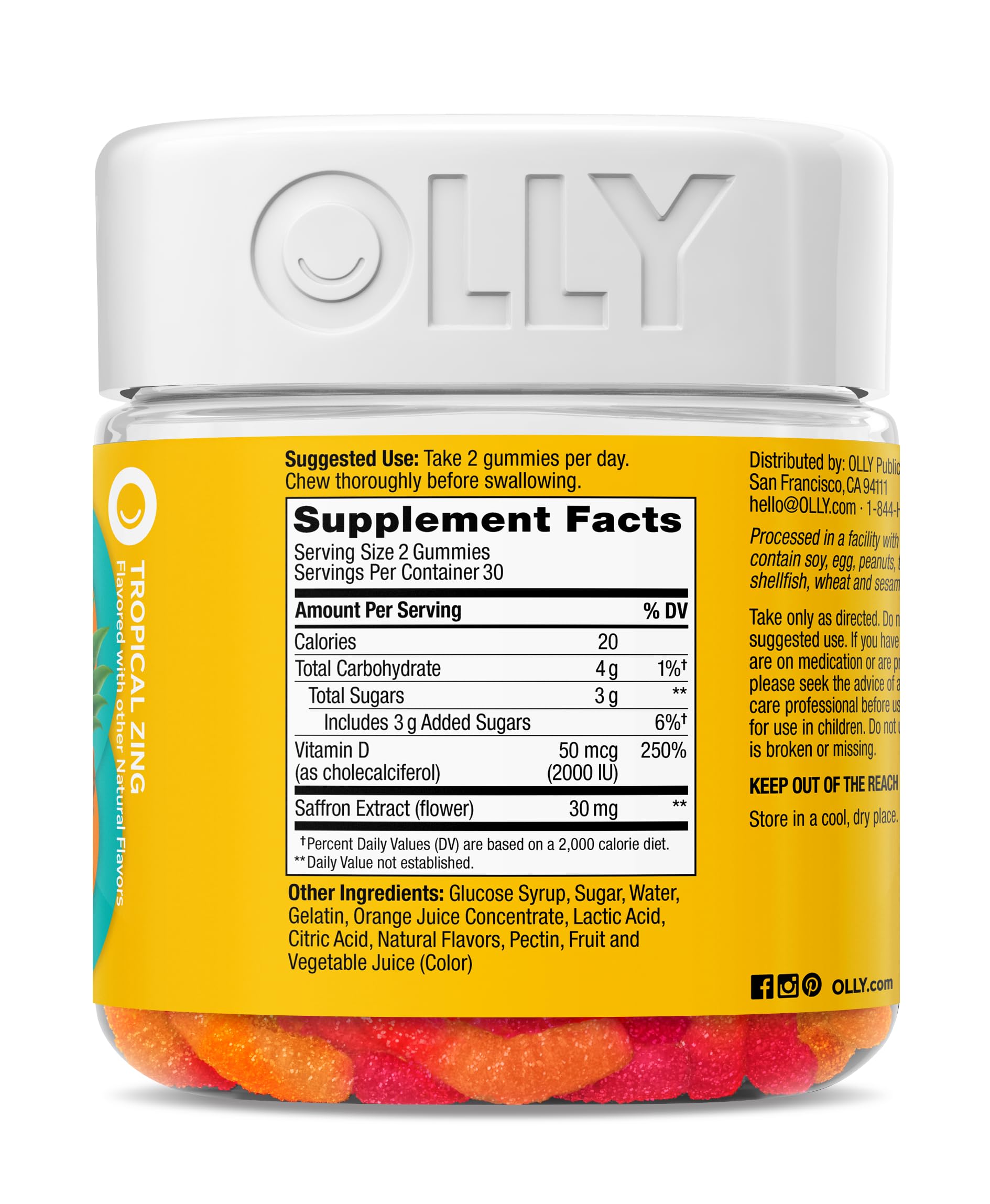 OLLY ingredientes azafrán y vitamina D representados juntos beneficios