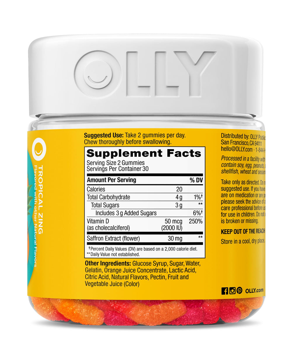 OLLY ingredientes azafrán y vitamina D representados juntos beneficios