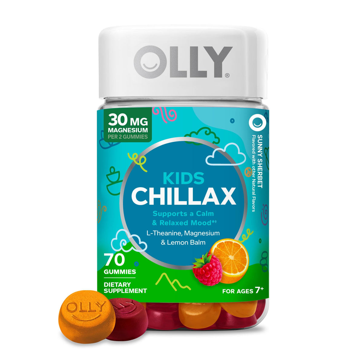 OLLY frasco Chillax frontal mostrando etiqueta y beneficios