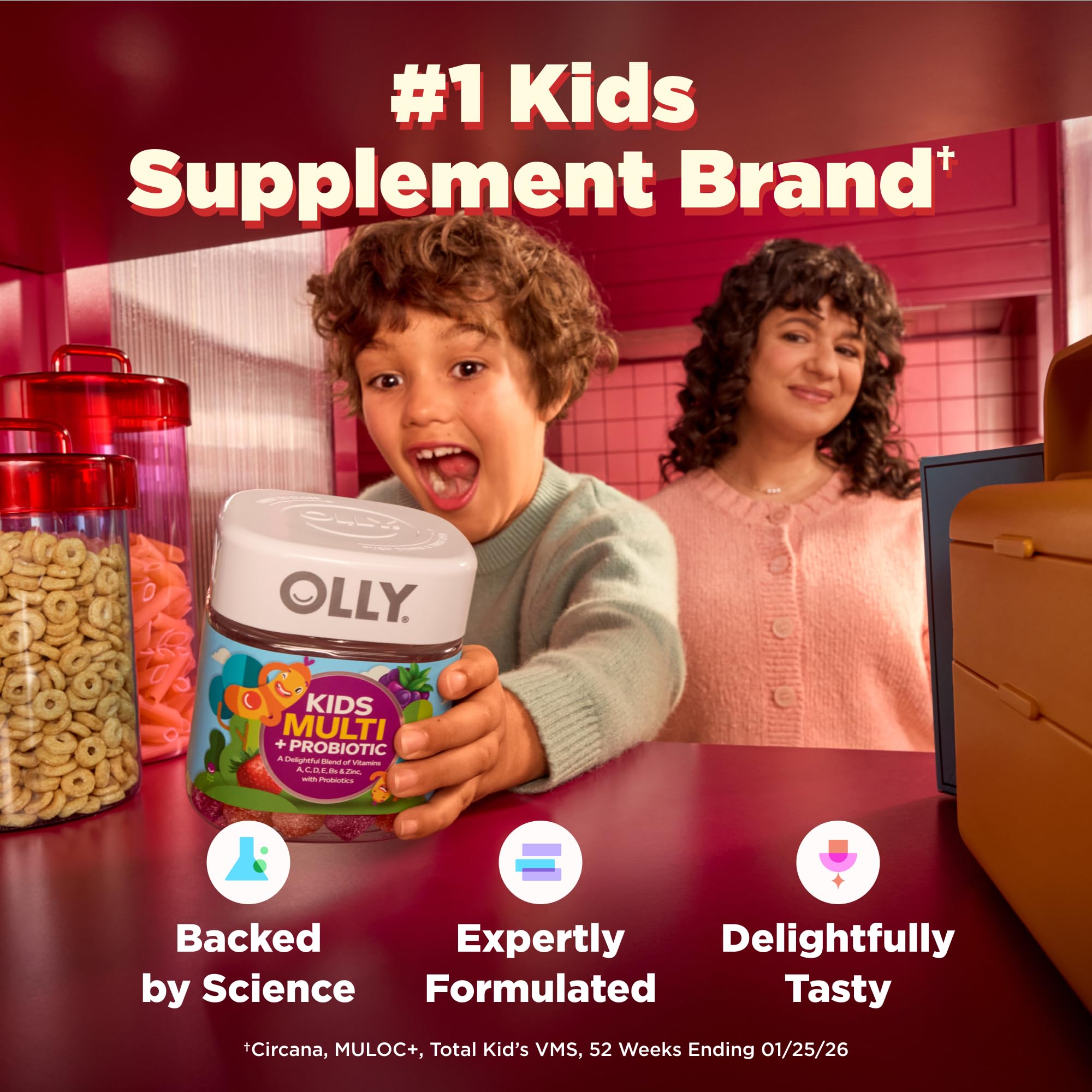 Etiqueta nutricional OLLY Kids enfocada para ver vitaminas, minerales y probióticos