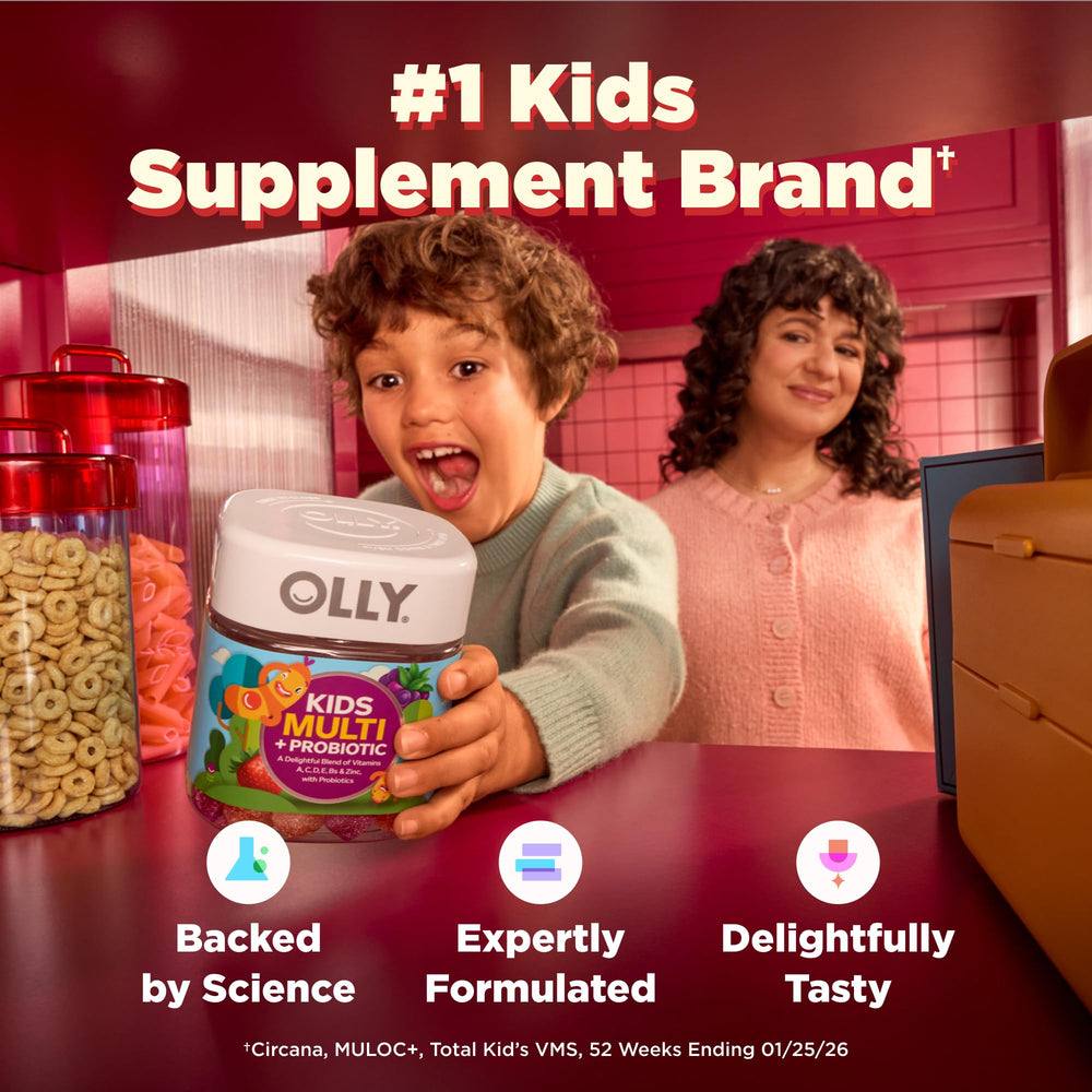 Etiqueta nutricional OLLY Kids enfocada para ver vitaminas, minerales y probióticos