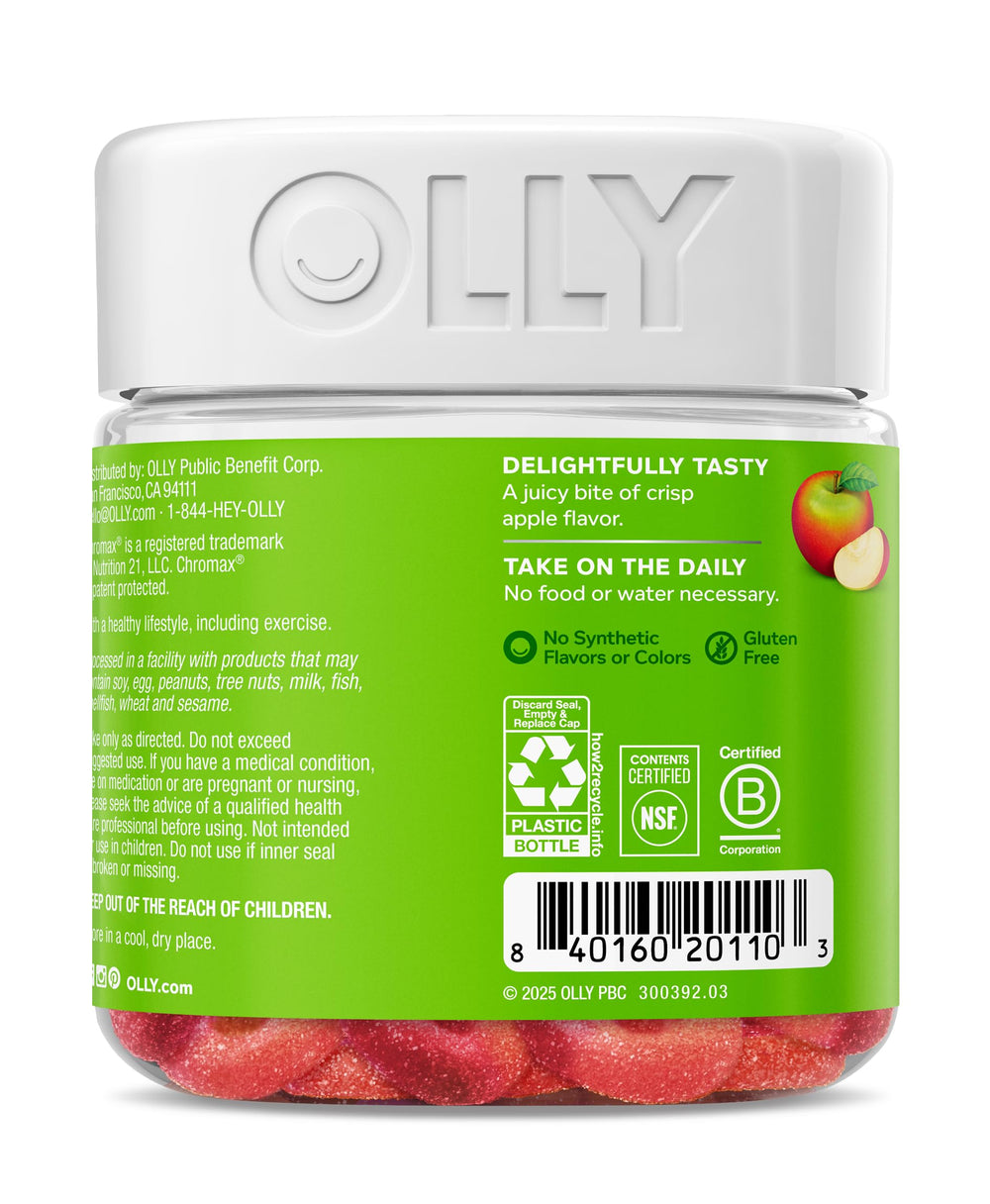 OLLY gomitas sobre fondo manzana, enfatiza sabor Snappy Apple delicioso