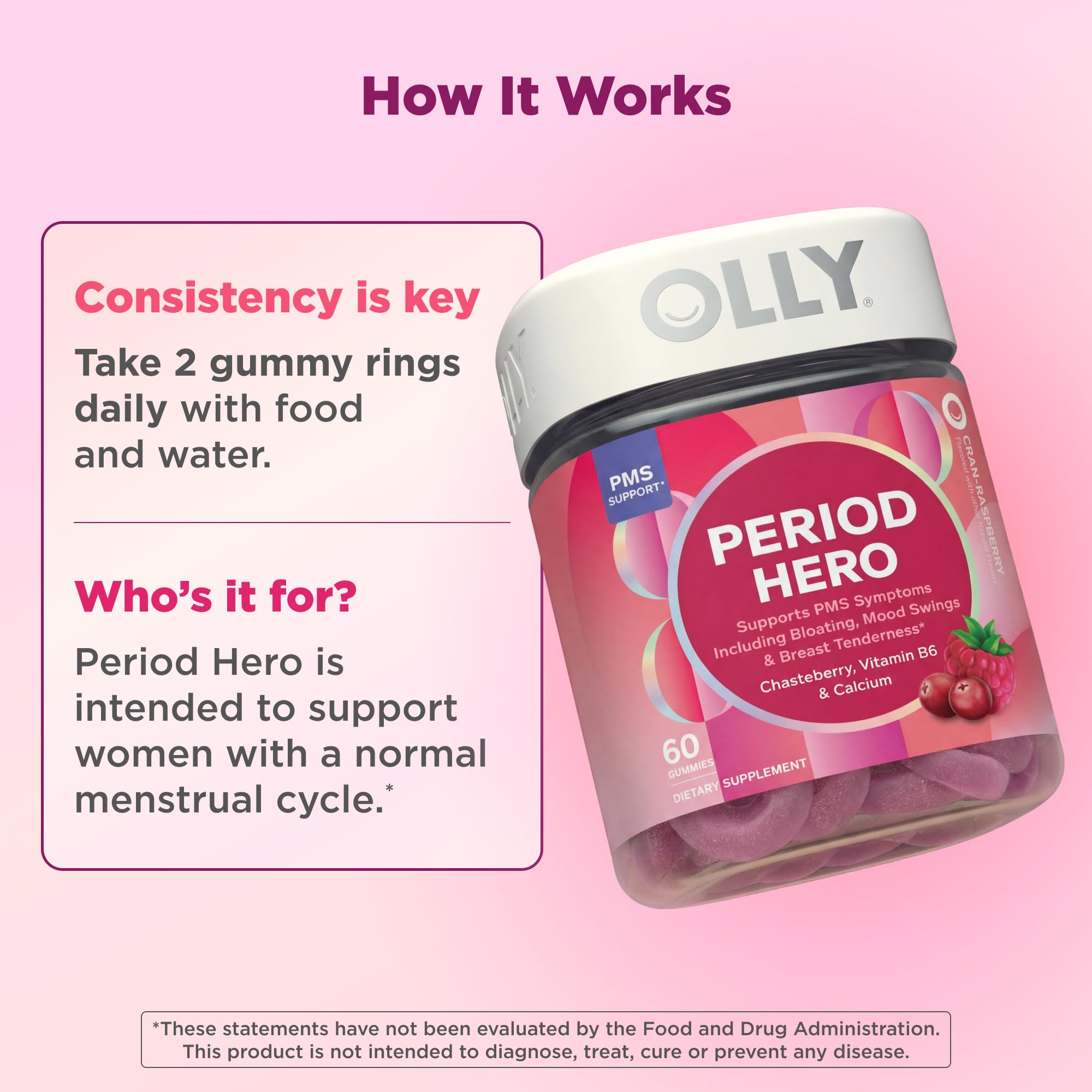 Etiqueta OLLY Period Hero con lista de ingredientes y beneficios legibles