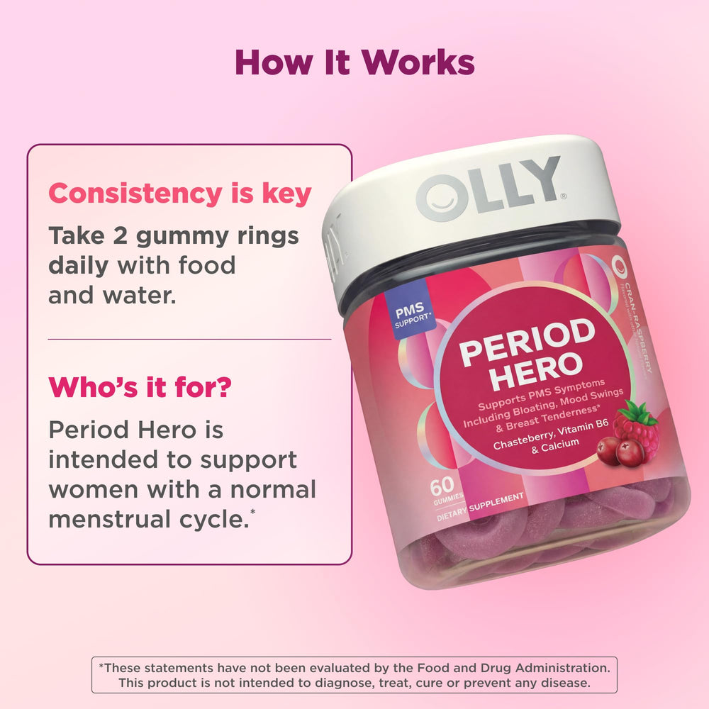 Etiqueta OLLY Period Hero con lista de ingredientes y beneficios legibles