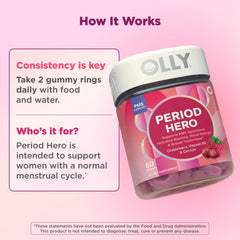 Etiqueta OLLY Period Hero con lista de ingredientes y beneficios legibles