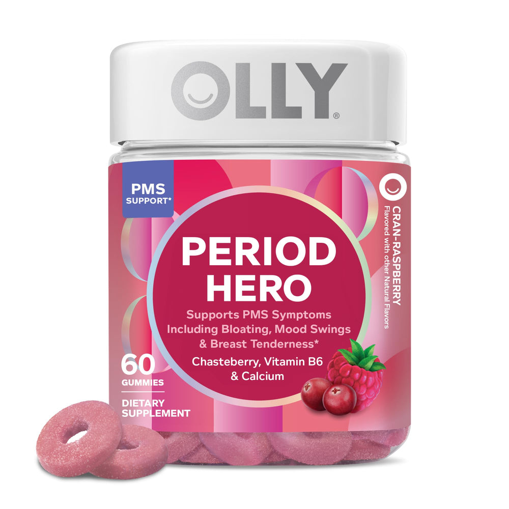 Frasco OLLY Period Hero vista frontal con etiqueta clara y cantidad visible