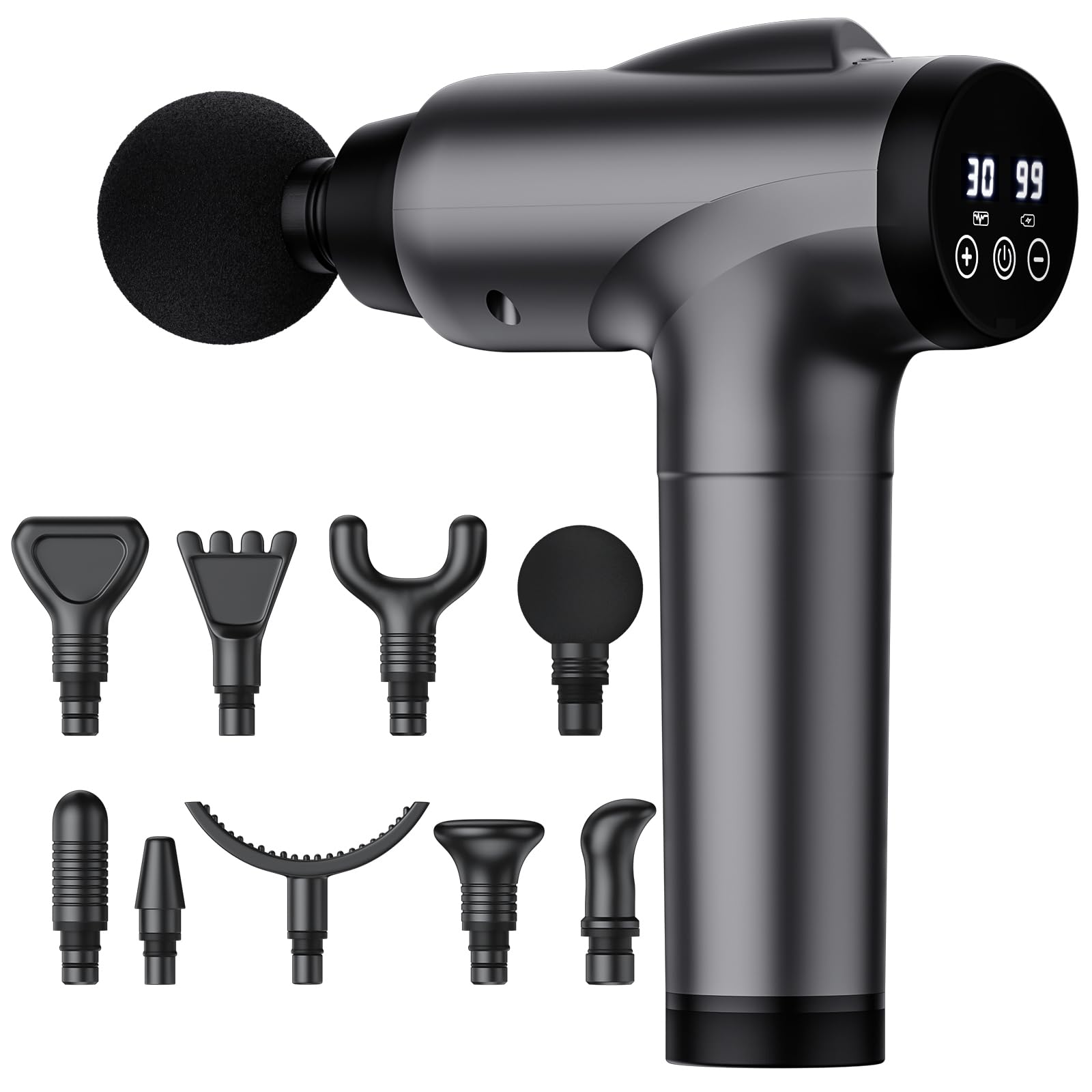 OLsky masajeador de mano frontal gris mostrando diseño ergonómico y agarre cómodo