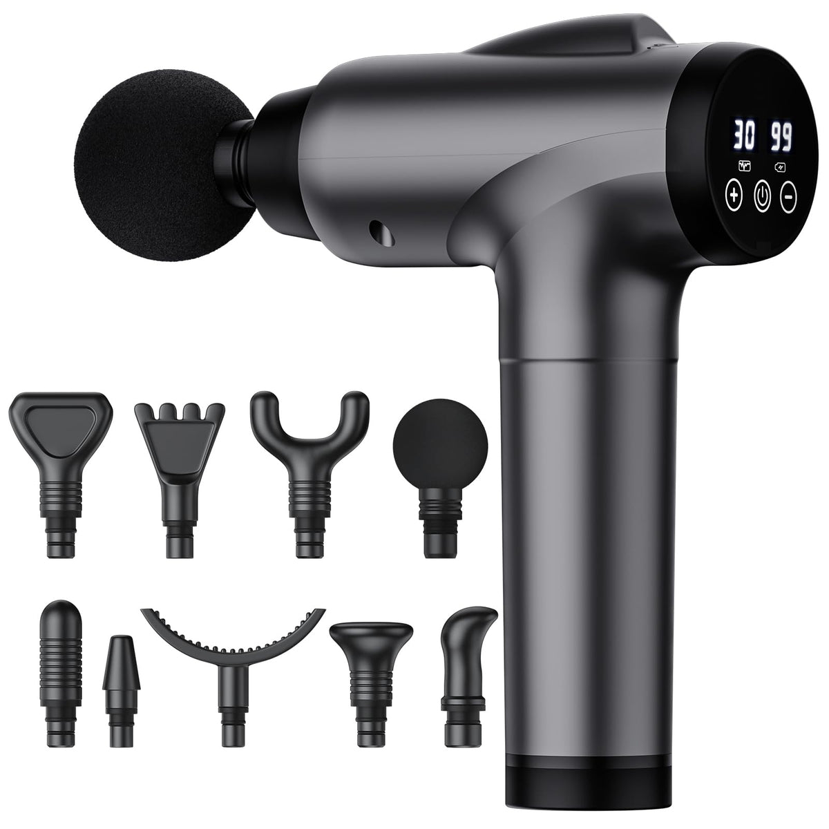 OLsky masajeador de mano frontal gris mostrando diseño ergonómico y agarre cómodo