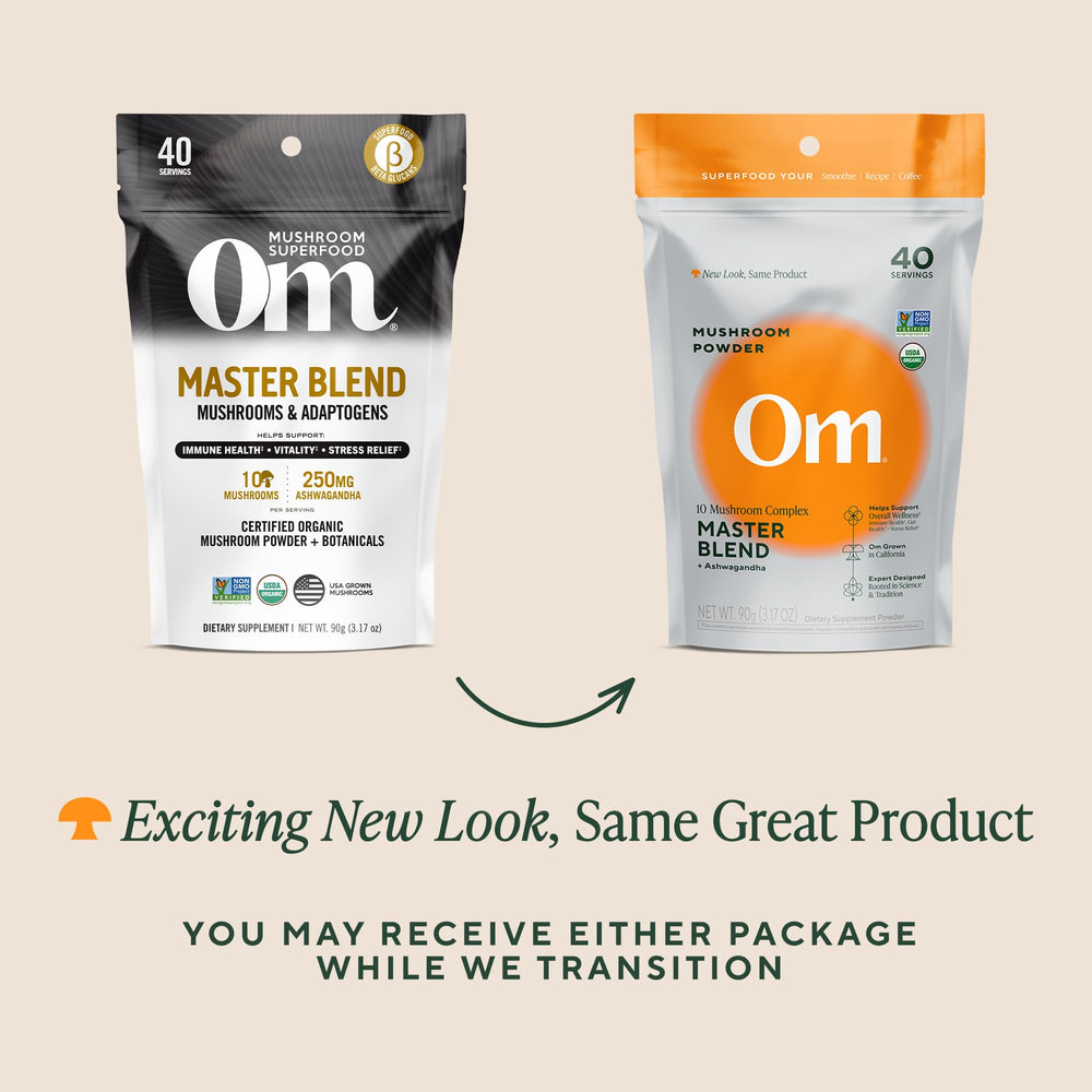 OM MUSHROOM SUPERFOOD etiqueta con ingredientes y certificaciones para confianza