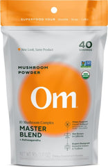 OM MUSHROOM SUPERFOOD frente del empaque que muestra porciones y beneficios
