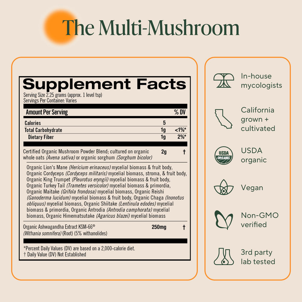 OM MUSHROOM SUPERFOOD bolsa junto a cuchara para comparar tamaño y raciones