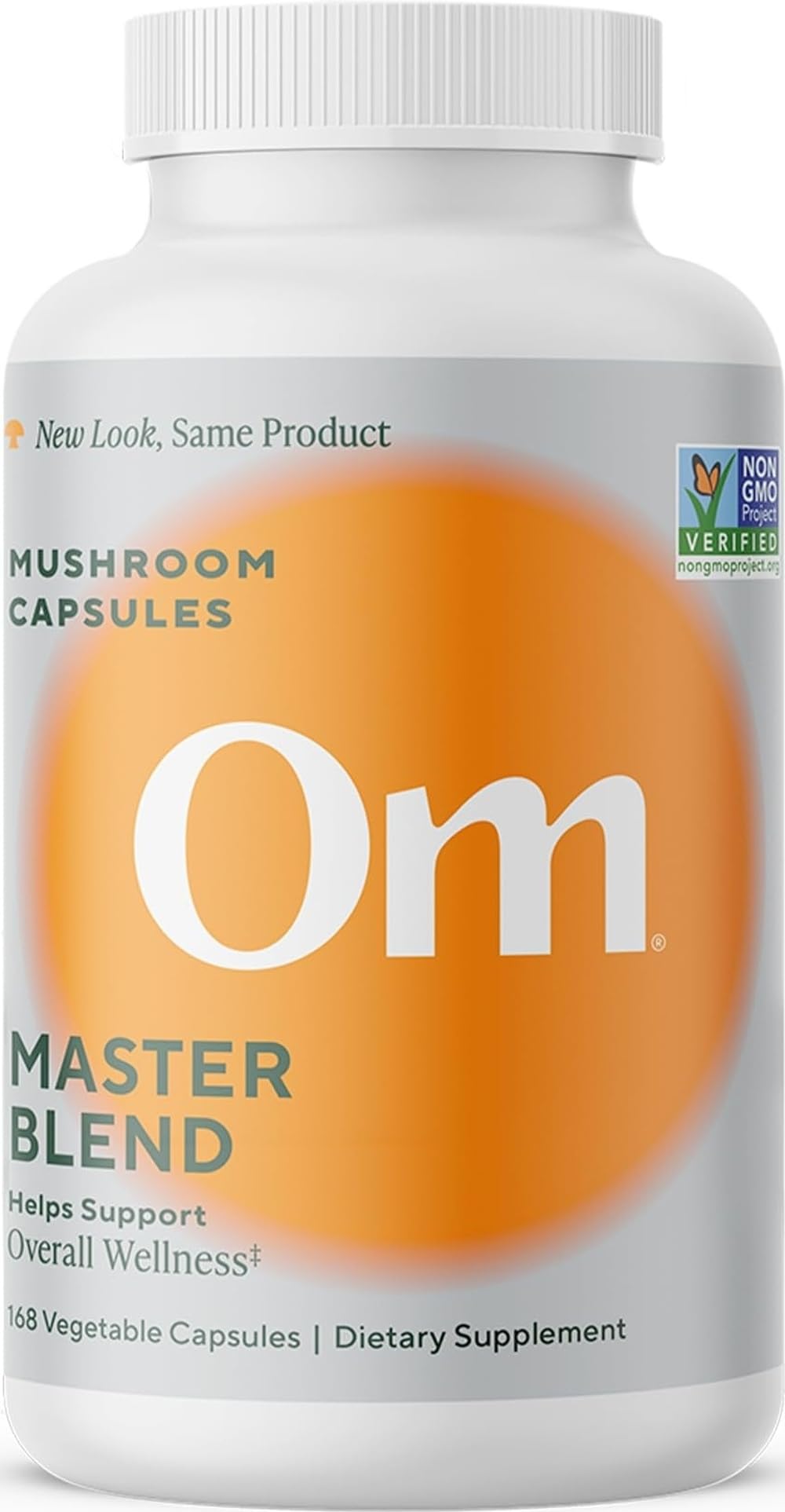 OM MUSHROOM SUPERFOOD Om Master Blend frasco frontal mostrando etiqueta y beneficios