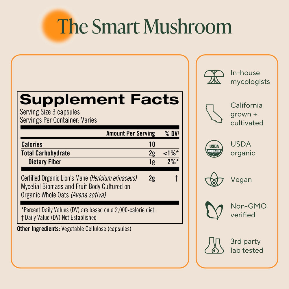 OM MUSHROOM SUPERFOOD etiqueta con ingredientes y dosis, información transparente
