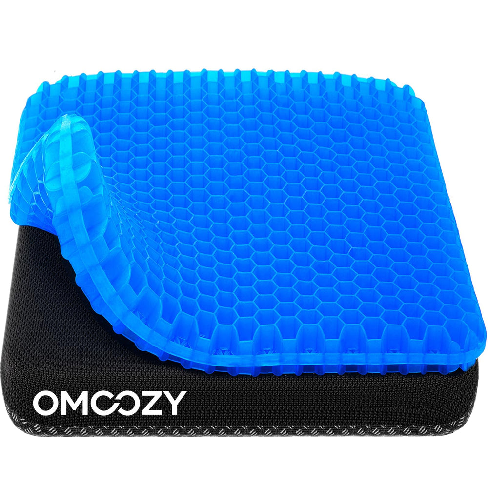 OMCOZY vista frontal del cojín de gel mostrando tamaño y forma, comodidad inmediata