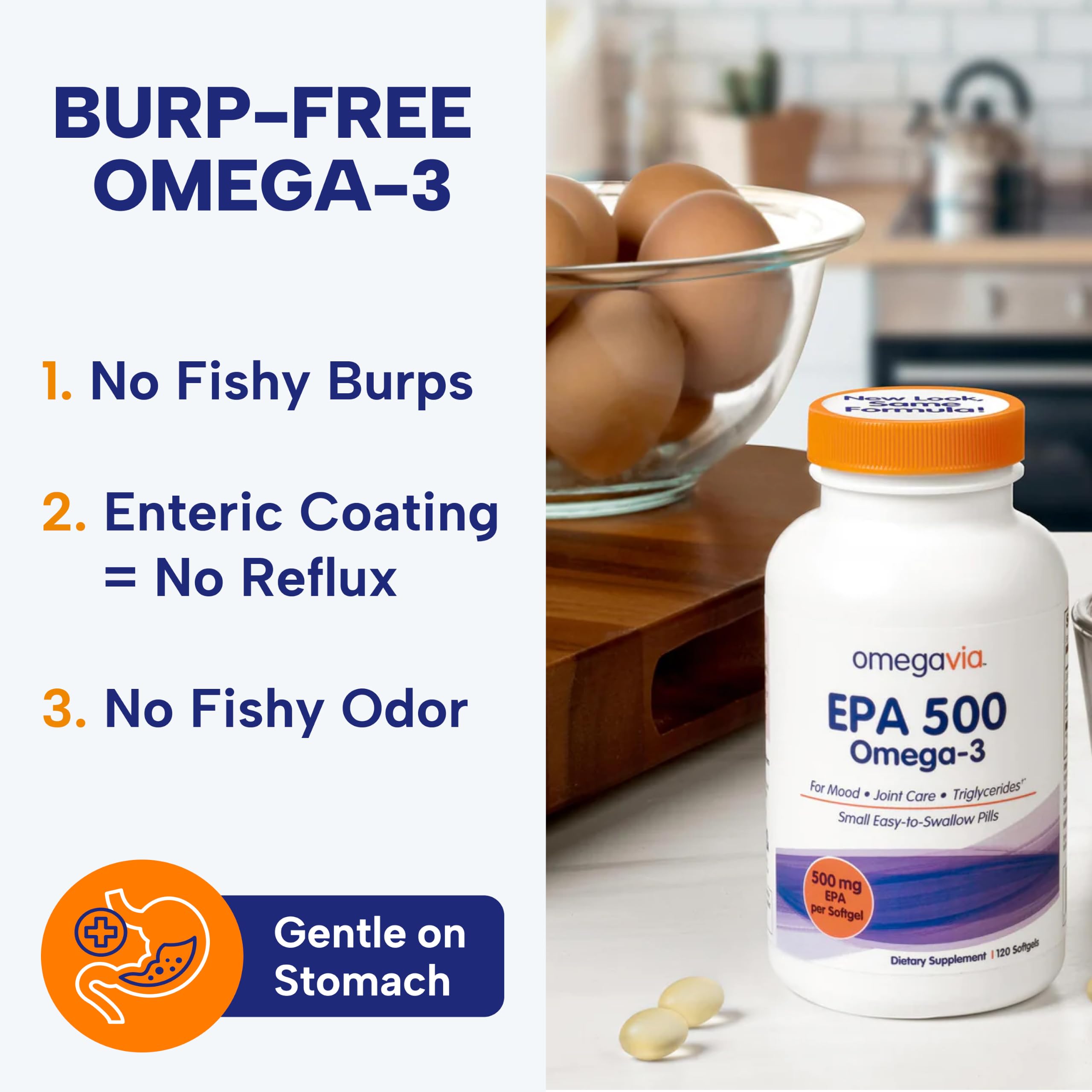 OmegaVia empaque abierto con 120 softgels para suministro prolongado