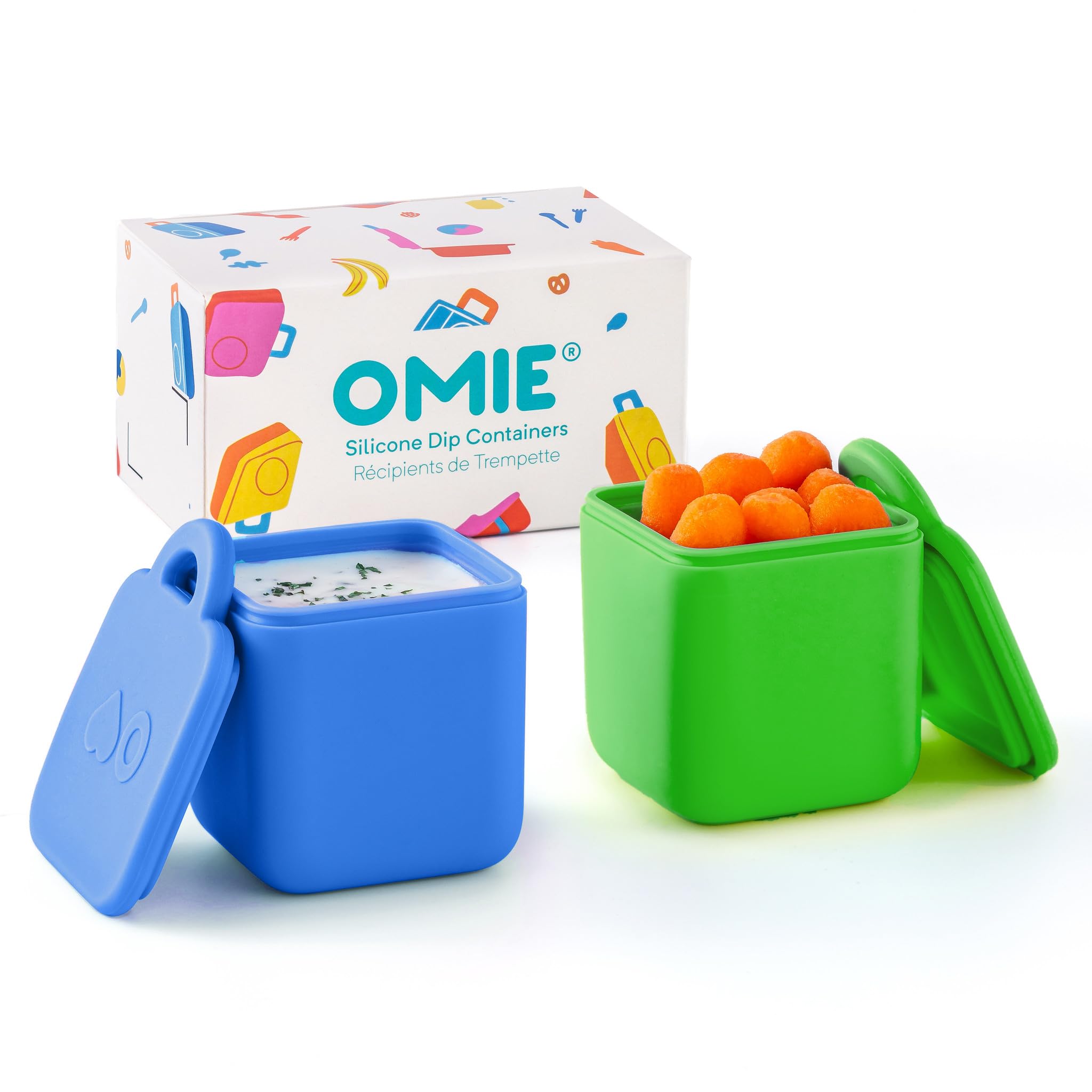 Omie OmieDip frontal mostrando tapa hermética y colores sea blue y green