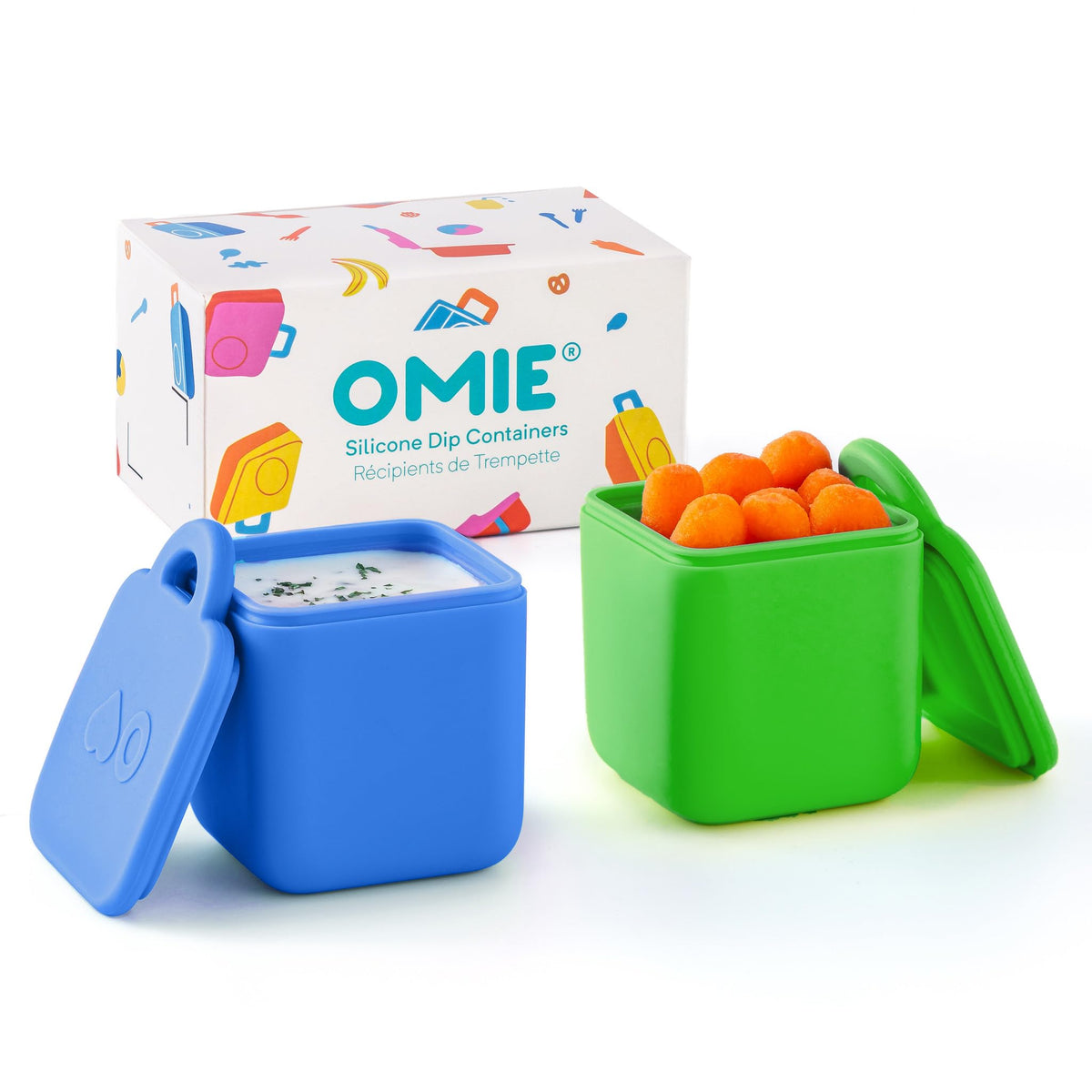 Omie OmieDip frontal mostrando tapa hermética y colores sea blue y green