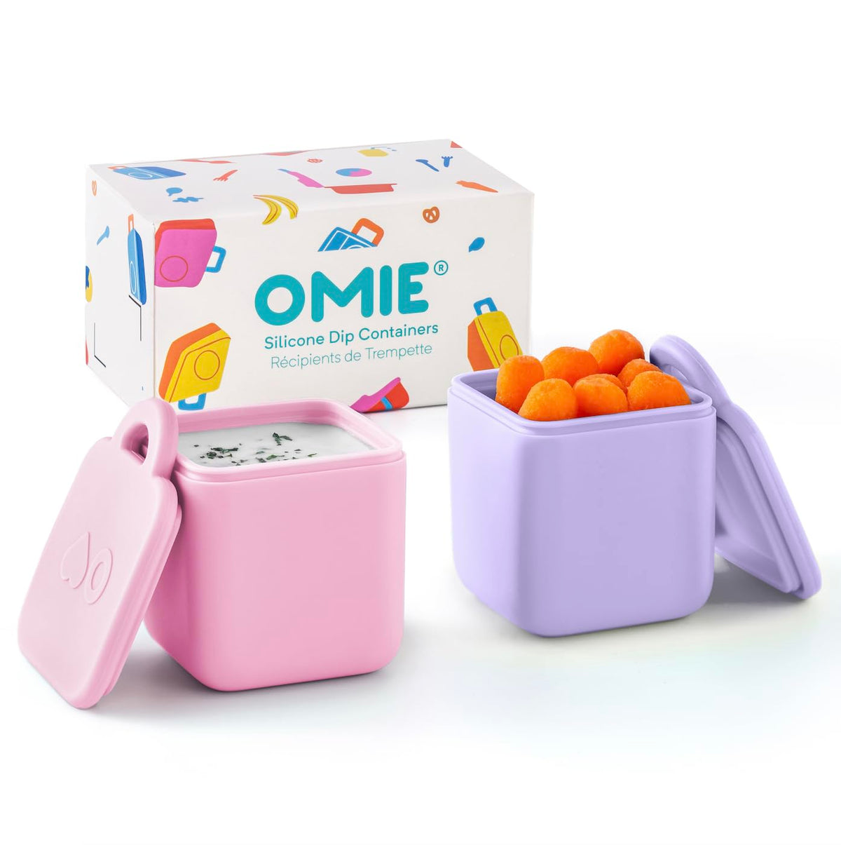 Omie OmieDip vista frontal con tapas, muestra hermeticidad y colores