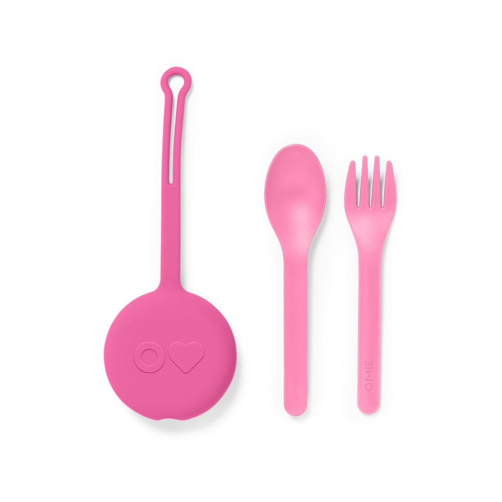 Omie set cubiertos Bubble Pink vista frontal mostrando tenedor y cuchara
