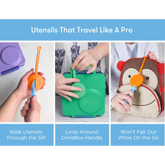 Omie set colgando de una mochila escolar, transporte práctico para niños