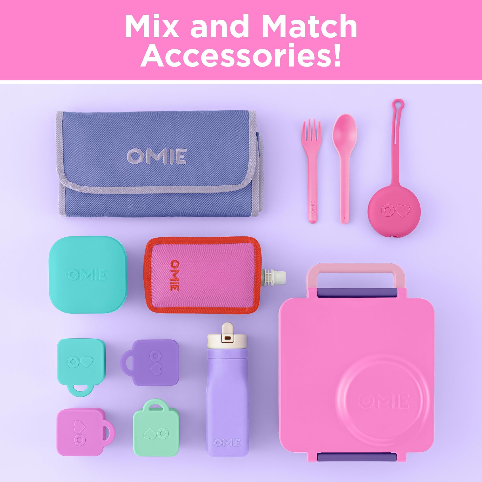 Omie OmieBox Unicorn Pink ambientada en mochila escolar lista para el almuerzo