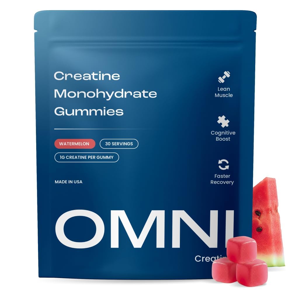 OMNI Creatine frasco frontal mostrando la etiqueta y beneficios visibles