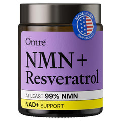 OMRE envase frontal mostrando NMN y resveratrol, calidad y pureza