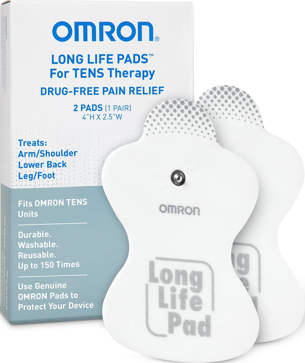 Omron almohadillas pack frontal mostrando diseño mariposa y beneficio duradero