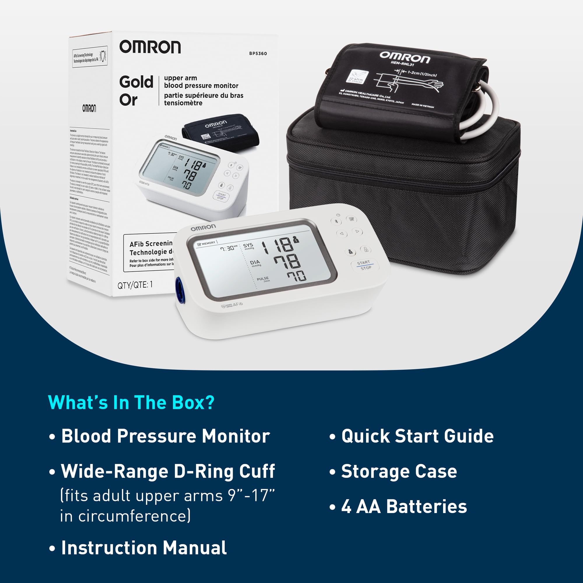 Contenido del paquete OMRON con estuche, brazalete y cuatro pilas listos para usar